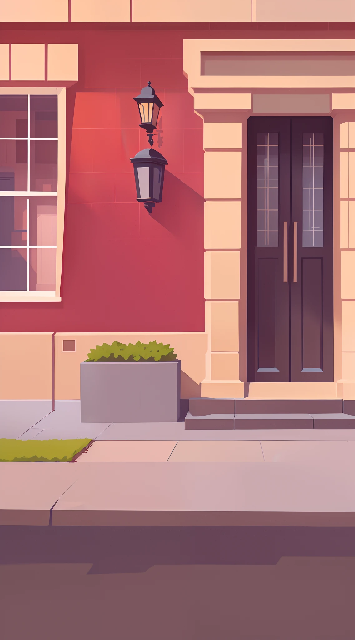 Cartoon illustration on street corner with red brick building and black gate, 2 D game art background, arte de fundo, city street view background, random background scene, 2d game background, fundo de casa, background artwork, 2d game environment design, Detailed 2D illustration, Stylized digital illustration, Cartoon style illustration, 2d game asset, Street background