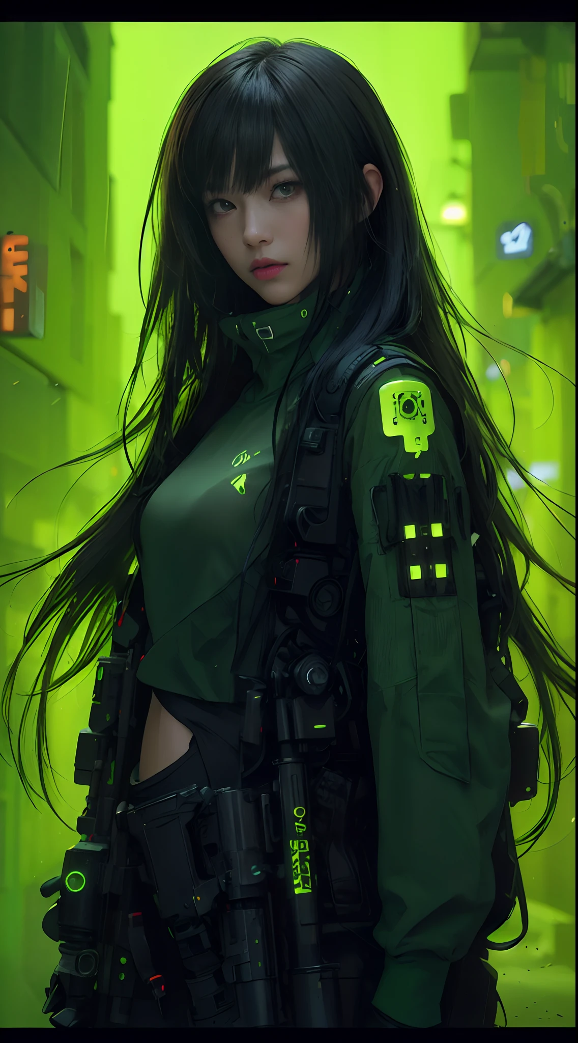 a girl with long hime hair cut, shot gun, sitting on the roof, (Neon lime green) Total AI augmentation android, creepy aesthetic, binary symbols background, futuristic, Ghost In The Shell, Major Mokoto Kusanagi, photorealistic, 35mm film, Canon 5D Mark III, fullbody shot, (masterpiece, high res, high quality, best quality)