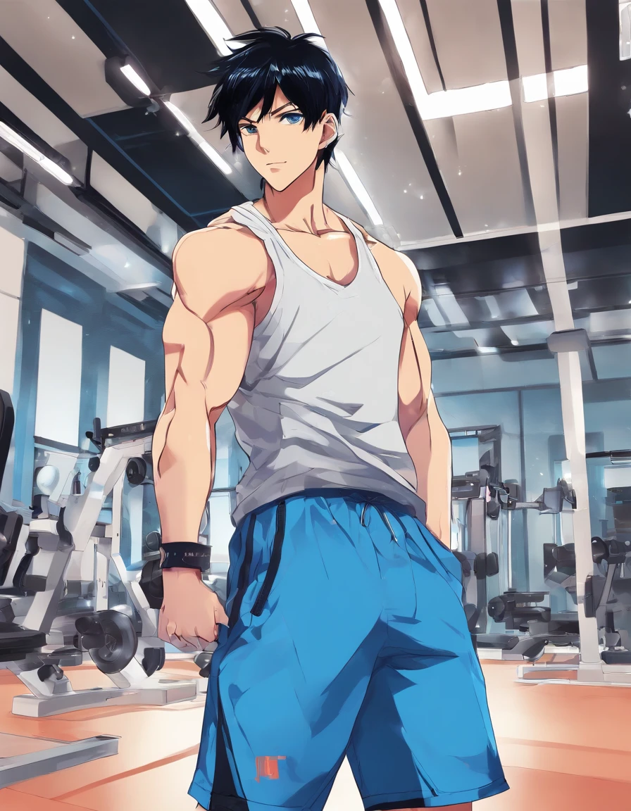 Black hair, blue eyes, 1boy, muscular male, young style, Tank top, shorts, gym room