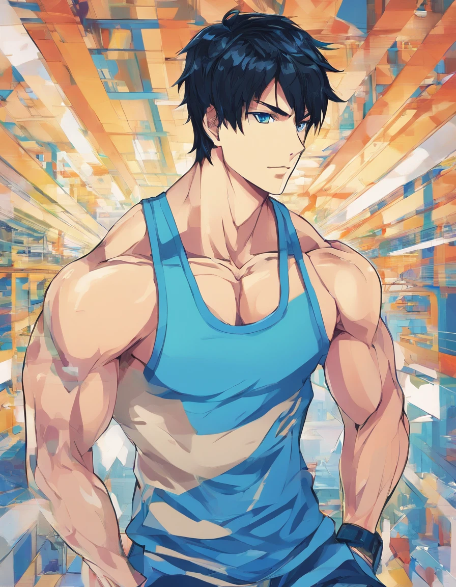 Black hair, blue eyes, 1boy, muscular male, young style, Tank top, shorts, gym room