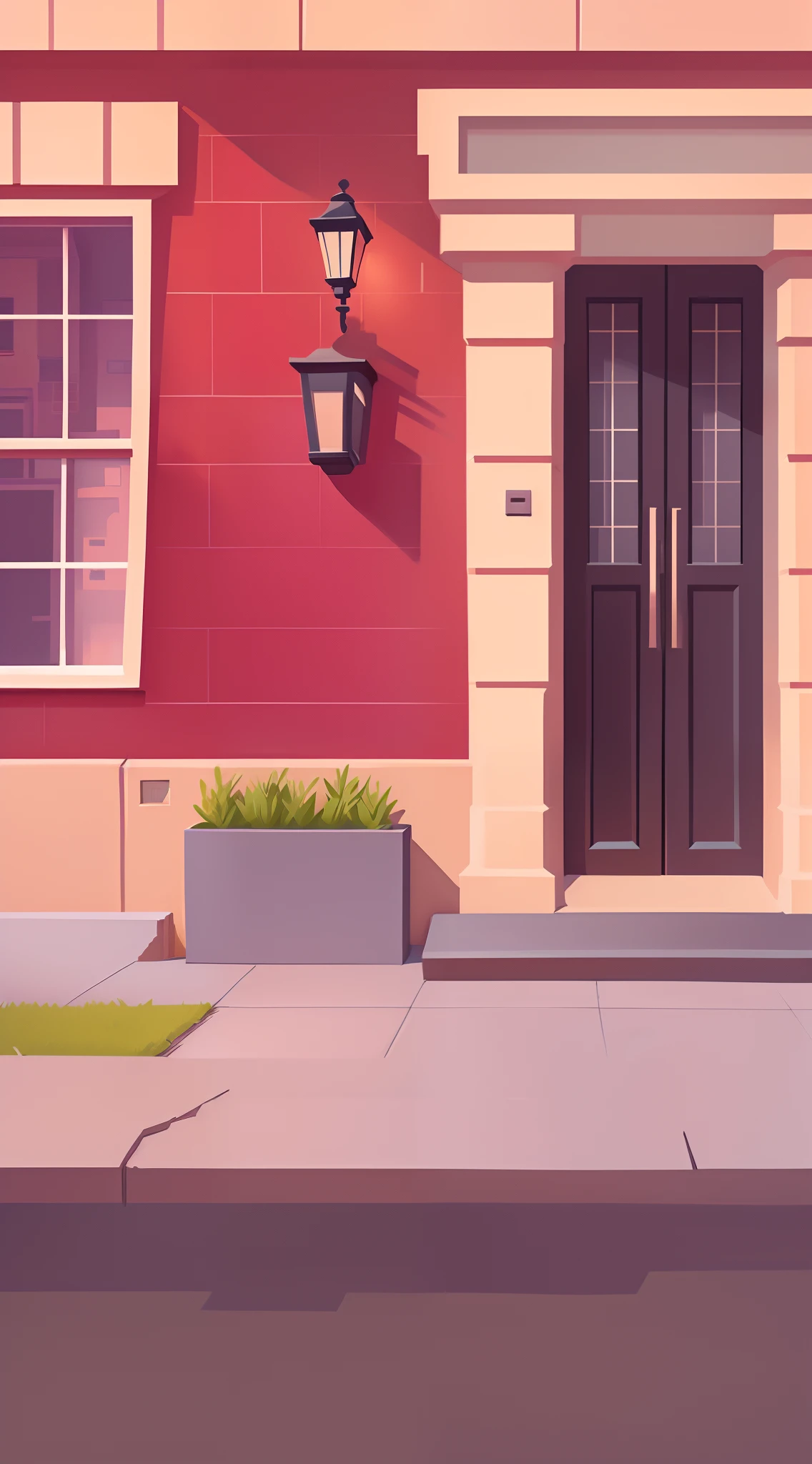 Cartoon illustration on street corner with red brick building and black gate, 2 D game art background, arte de fundo, city street view background, random background scene, 2d game background, fundo de casa, background artwork, 2d game environment design, Detailed 2D illustration, Stylized digital illustration, Cartoon style illustration, 2d game asset, Street background