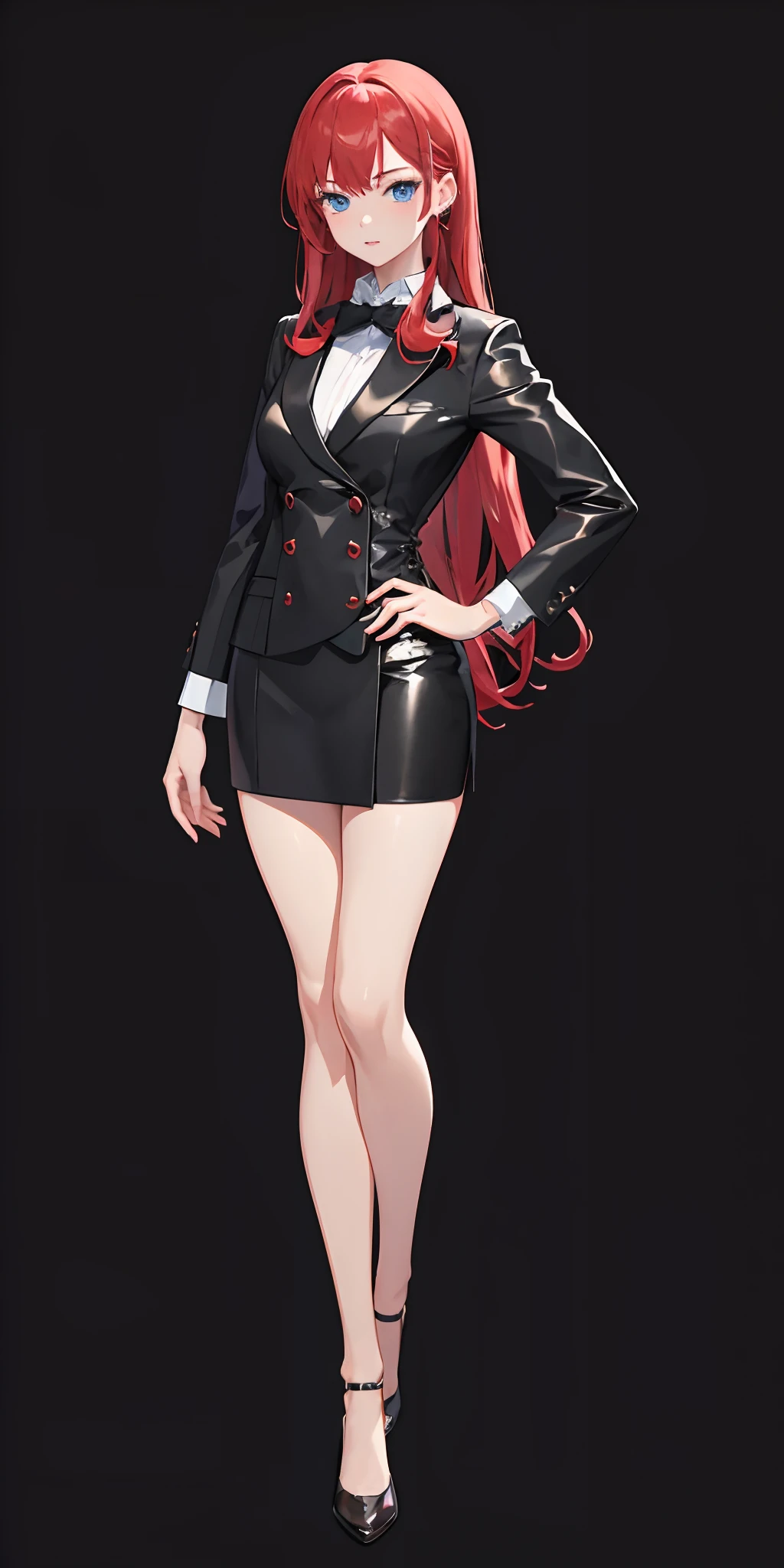 (best quality,4k,8k,highres,masterpiece:1.2),ultra-detailed,(realistic,photorealistic,photo-realistic:1.37),brunette woman,21 years old,thin and small,(beautiful,gorgeous:detailed) eyes,(beautiful,gorgeous:detailed) lips,(extremely detailed,defined) eyes and face,longeyelashes,college uniform,(red,crimson) tie,(red,scarlet) hair,(beautiful,attractive) beauty,(high,dark) stockings,(short,knee-length) black skirt, (stylish,classy), (elegant,sophisticated) pose, (bright,vibrant) lighting, (portrait,concept artist), (warm,rich) color tone