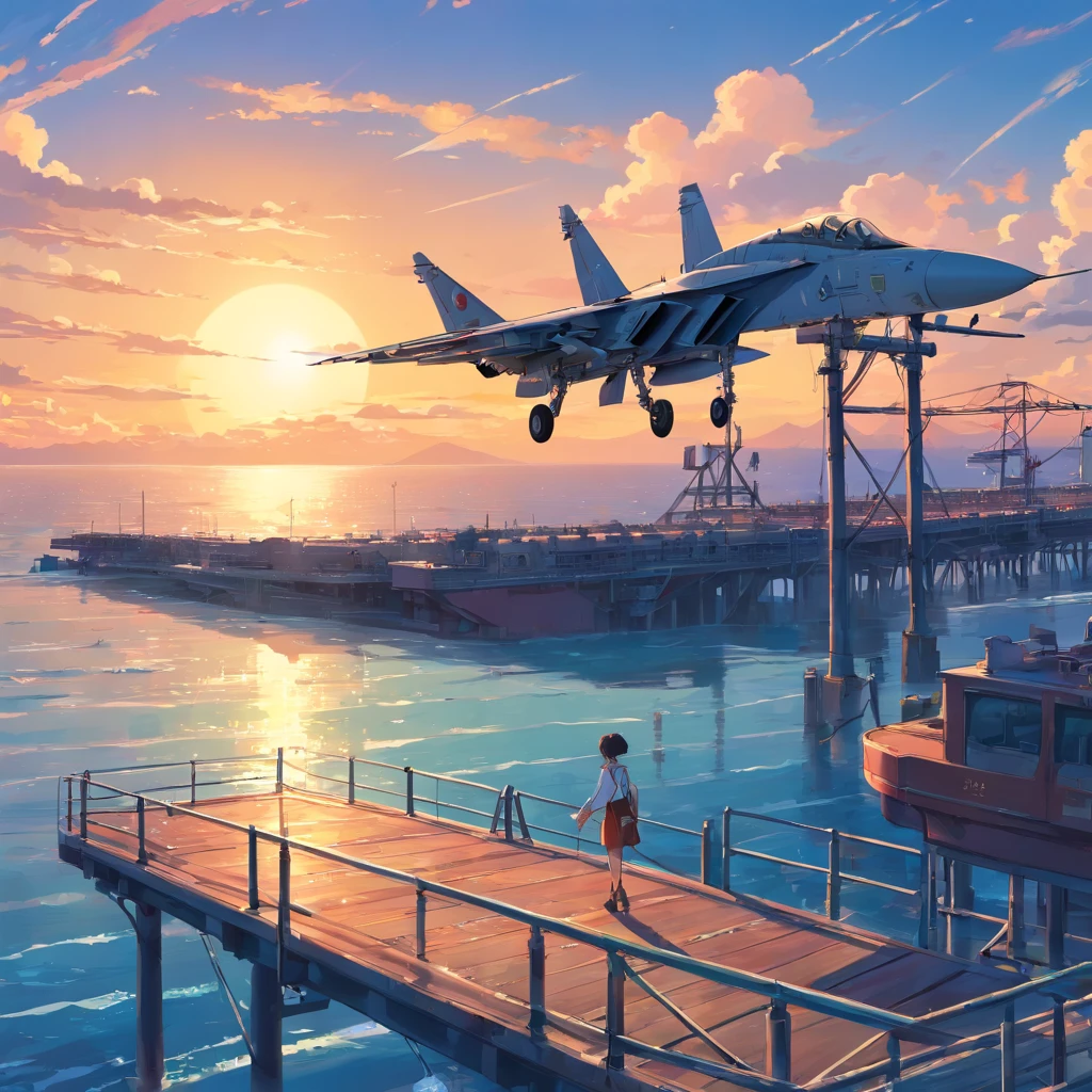 8K, best quality, masterpiece, scenery,Pier,Wharf, sea, seaside, power poles,, panoramic view, a f15 tomcat plane dogfight, topgun, aircraft carrier in background,Blue sky, sunset, evening, reefs by the sea
