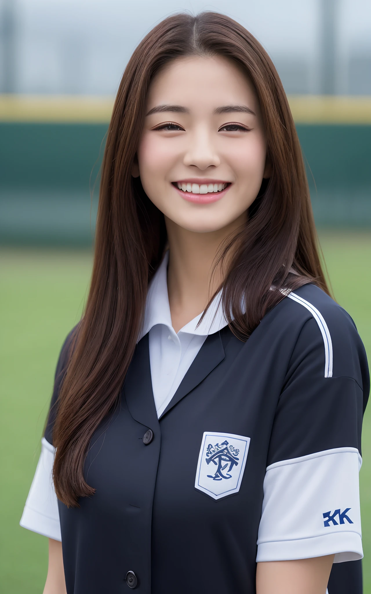 (top-quality、8K、masterpiece:1.3)、Beautiful Women in Perfect Figure:1.4、dark brown hair、Smile and close your eyes、wearing a swimming wear、At the baseball field、extremely detailed face and skin、A detailed eye、Colossal tits、A smile、Sakushin Gakuin Uniform