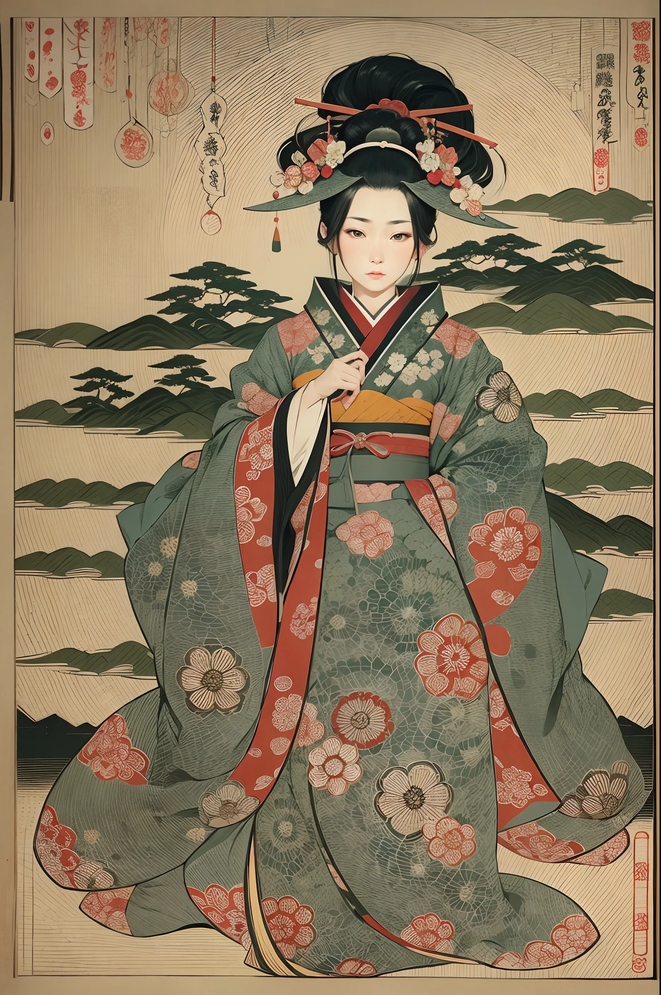 Sharaku,Portrait of a woman,it is centered in the middle of the image, some Japanese effects and embellishments scattered throughout the photo