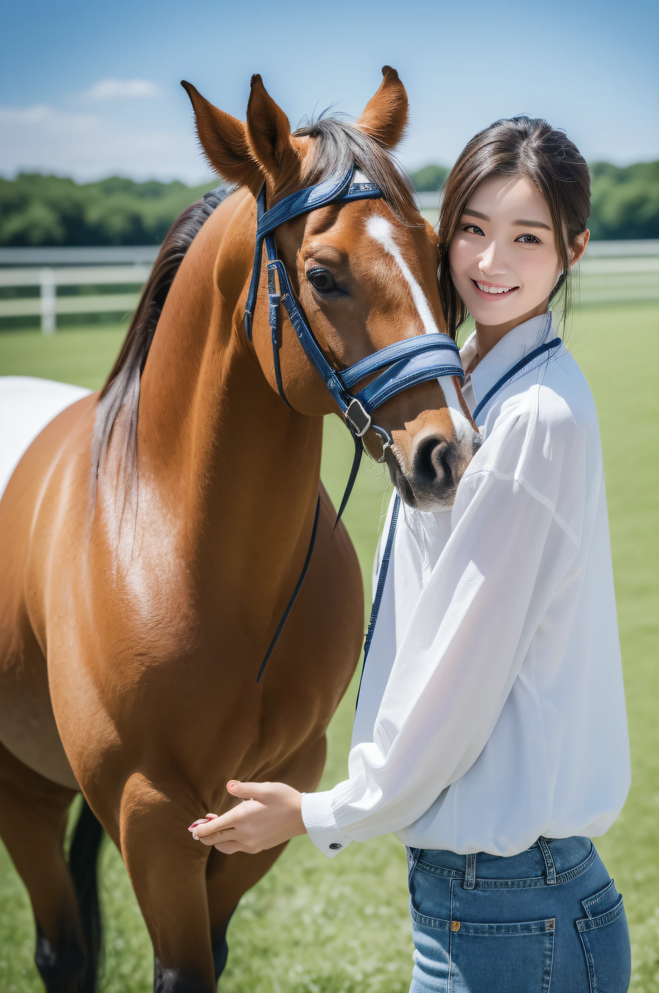 ((Best quality, 8k, Masterpiece :1.3)),full body,1girl,Ultra-detailed face, Detailed eyes, 20yr old、A Japanese Lady、Height 160cm、Double eyelids、whiteshirt、denim pant、mont、blue-sky、grass field、Stand beside the horse、Brown horse,A slight smil、Petting a horse