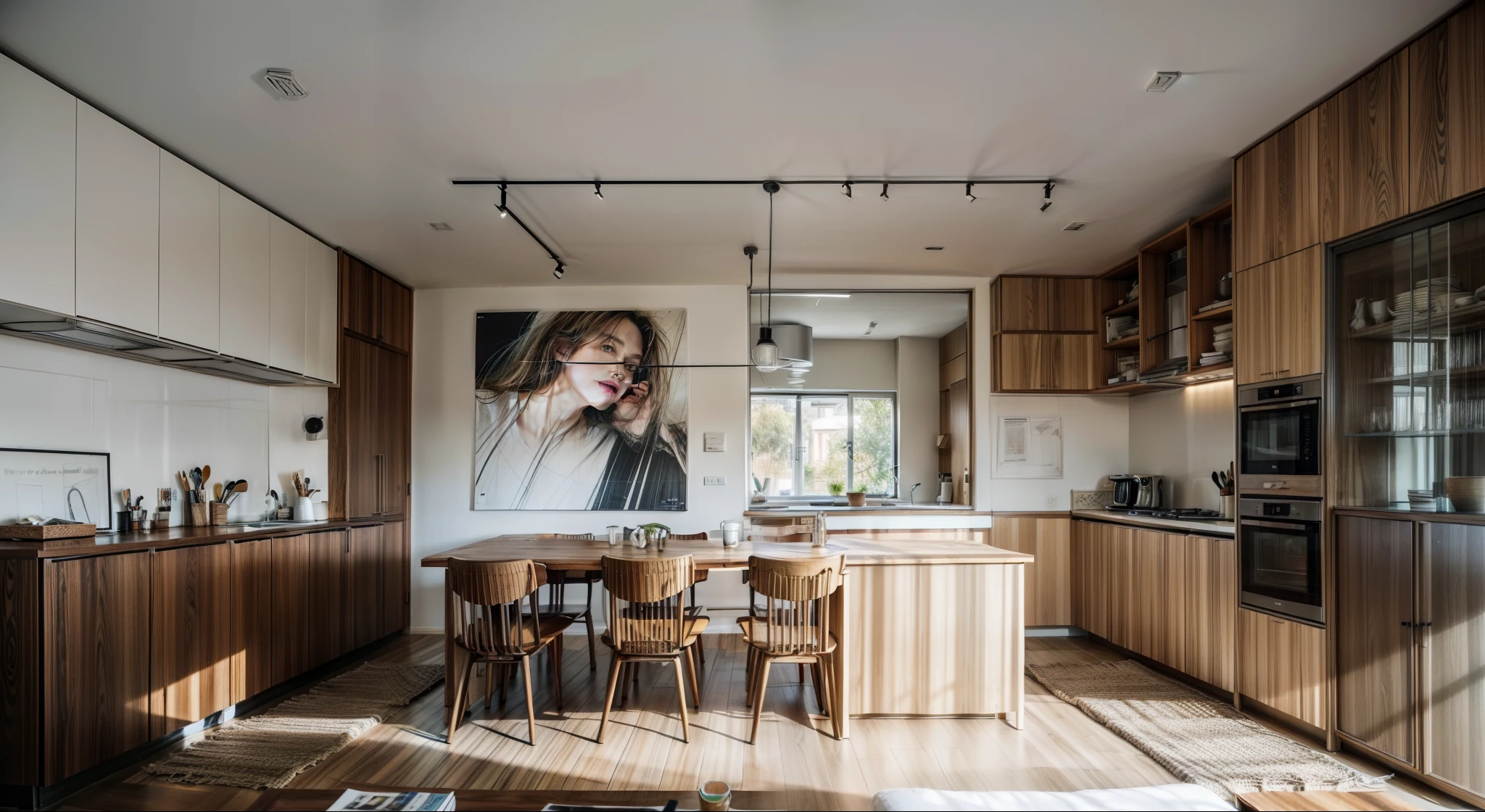 a sketch of a beautiful modern living room, (((foster and partners, artists impression, artistic impression, by Hamish MacDonald, by Carey Morris, by David Brewster, higher detailed illustration, by Helen Berman, an illustration, detailed illustration, by Nick Fudge, by Warren Mahy, artist's impression))), a kitchen cabinet behind the white sofa, with minimal pictures on the wall, linen curtain next to the classroom window, coffee table, modern wood, ceiling with magnetic emissive lighting, white fabric PRB textures, wooden floor PRB texture,