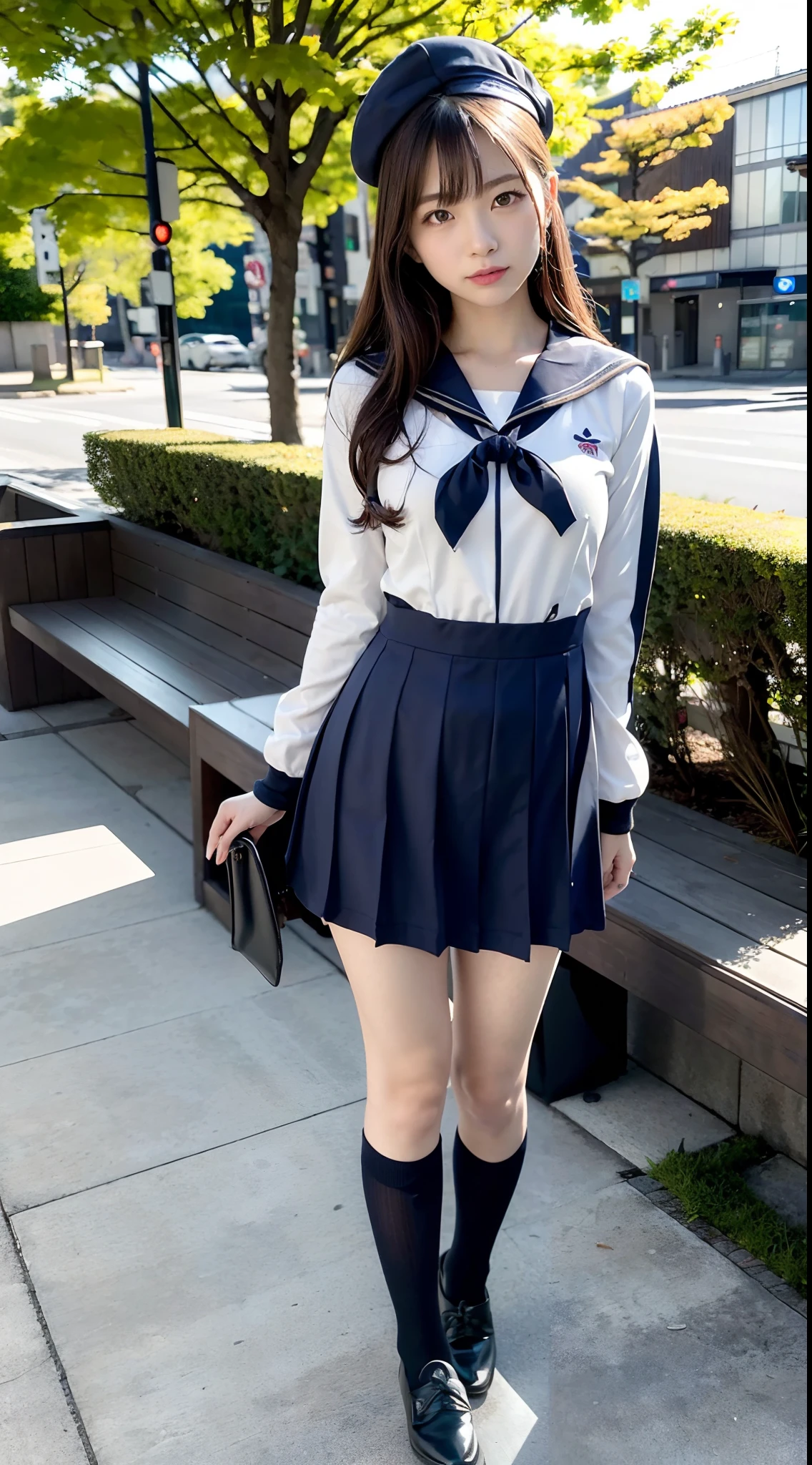 mix4, (16 K, Raw photography, Top image quality, masterpiece: 1.45), (realisitic, Photorealsitic: 1.37), one girls, 7.5, etc、Standing figure,Noon time slot、cute little, A city scape,, profetional lighting, photon maping, Cityscape with street trees, physically-based renderingt, Gradient dark brown hair,, a handsome, Well-groomed and beautiful eyes、Large double eyelids、Very shiny、girl with, (((student clothes、Long sleeve sailor suit worn by Japan girl、red cuffs、Dark blue mini skirt, Small gray beret、Dark blue knee-high socks、Black loafers))), Top Quality Photos, hight resolution, 1080p, (clearface), (Detailed face description), (Detailed hand description), (masterpiece), (Exquisite CG)、extreme light and shadows、dishevled hair、master work、abundant detail、(Fine facial features)、(top quality photo)、(masuter piece)、(A detailed eye)、Look in front of you、Fine clavicle、((Slender big))、(((Japan schooln long-sleeved sailor suit)))、((Ready Idol System))、((Boulevard with street trees、Bus stop、timetable、Benches))、(Shooting from random perspectives)、(((Anyway cute)))、耳Nipple Ring、A big smile、Drawing the whole body from the knees、Do not draw nasolabial folds、(((Long-sleeved sailor suit)))、(Big breasts that hang down big:0.9)、Big buttocks with tension、Two arms and two legs、(((from the front side:0.5)))、bare hand、No mask