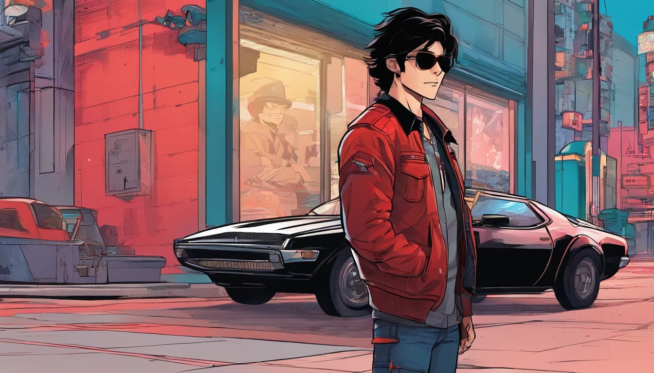 akira, teenage boy, cool, wearing sunglasses, retrowave, standing infront of a sportscar parked diagonally to his character, hands in pocket, wearing leather black jacket with red stripes, has one hand in pocket, black hair, gray monotone background with crytals