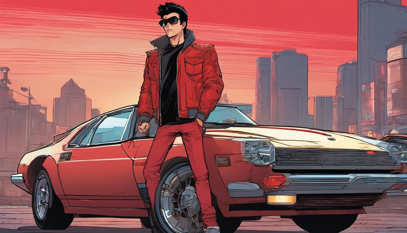 akira, age boy, cool, wearing sunglasses, retrowave, standing infront of a sportscar parked diagonally to his character, hands in pocket, wearing leather black jacket with red stripes, has one hand in pocket, black hair, gray monotone background with crytals