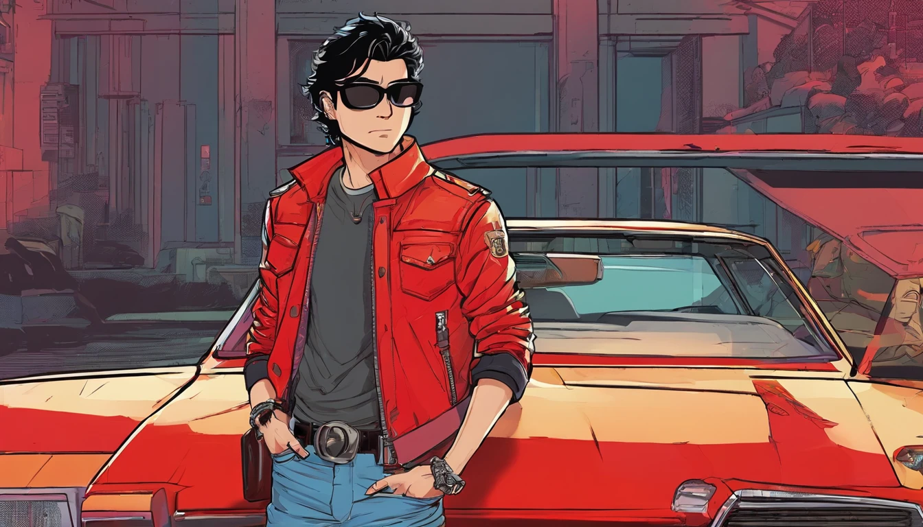 akira, teenage boy, cool, wearing sunglasses, retrowave, standing infront of a sportscar parked diagonally to his character, hands in pocket, wearing leather black jacket with red stripes, has one hand in pocket, black hair, gray monotone background with crytals