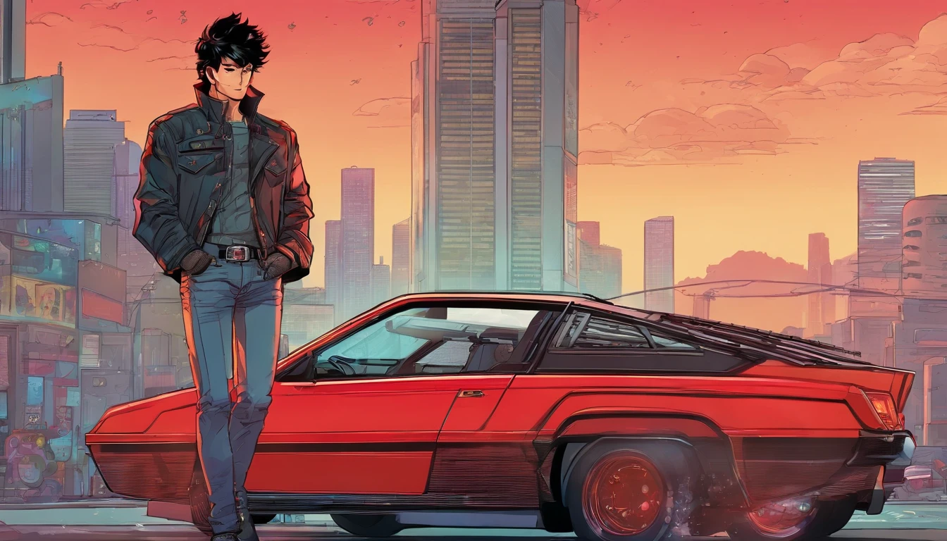 akira, teenage boy, cool, wearing sunglasses, retrowave, standing infront of a sportscar parked diagonally to his character, hands in pocket, wearing leather black jacket with red stripes, has one hand in pocket, black hair, gray monotone background with crytals