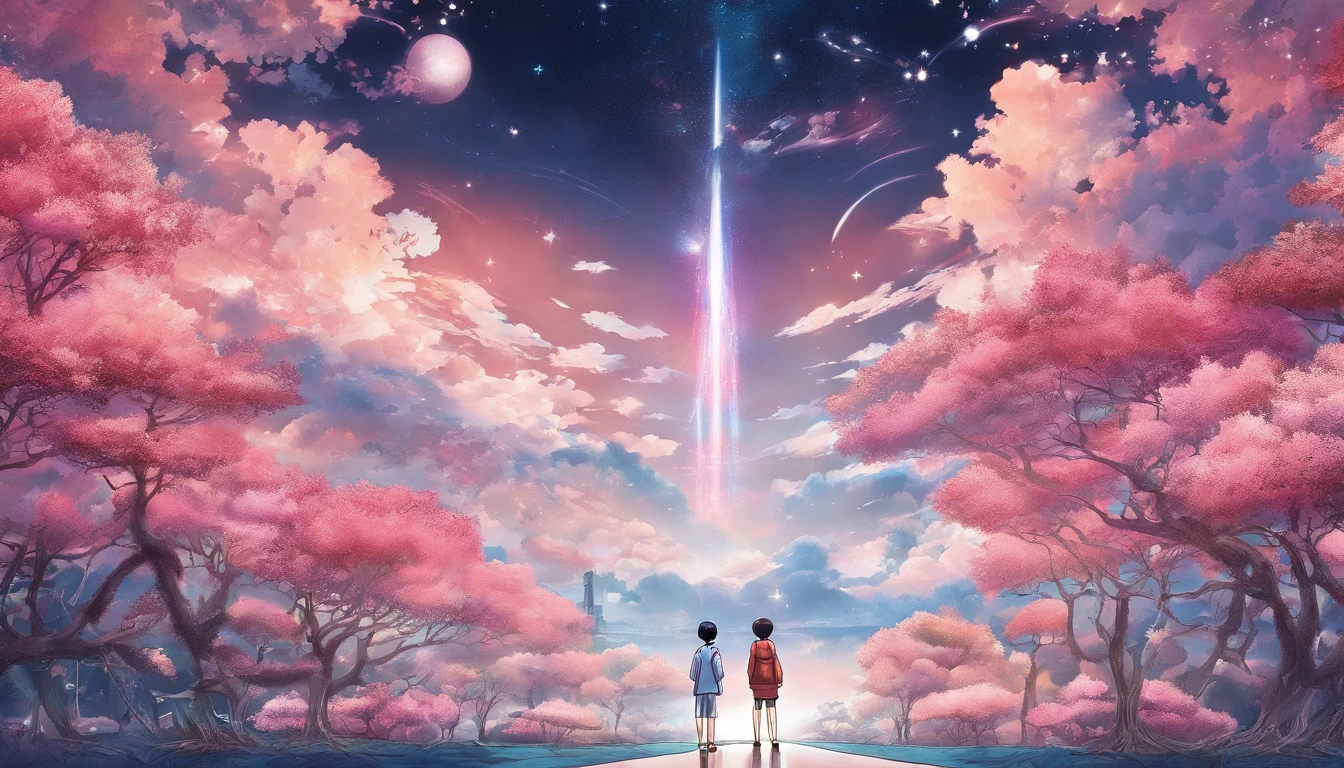 comic strip，Manhwa Style，Cartoon Split，starrysky，Translucent ethereal aliens，中景 the scene is，Full body like， highly detailed surreal vfx，oc rendered，