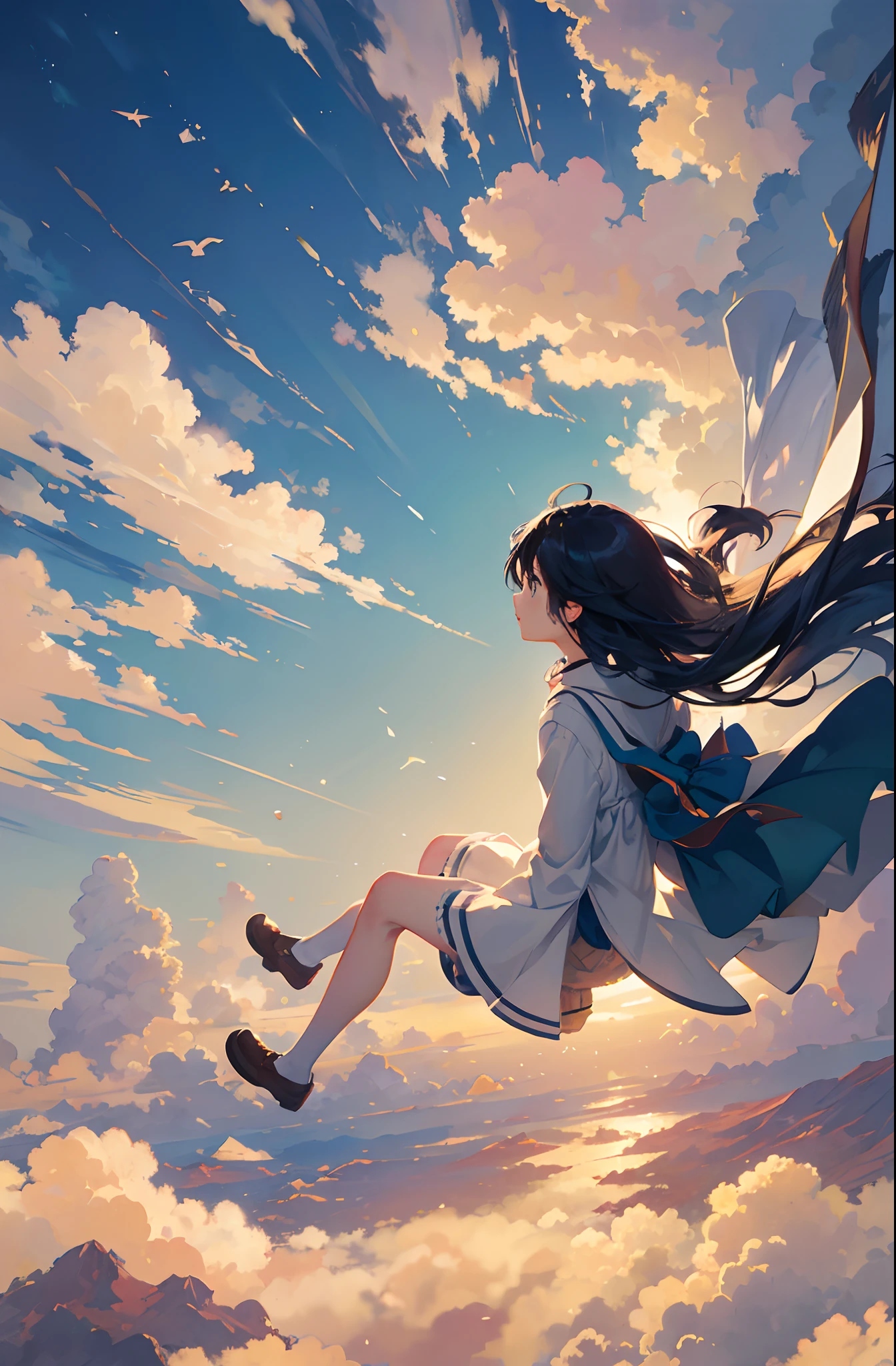 Create exquisite illustrations reminiscent of Makoto Shinkai's style, It has ultra-fine details and top-notch quality, Create illustrations featuring children frolicking freely in a calm sky of enchanting whims and nostalgic. The sky itself exudes an aura of enchantment and nostalgia, Dreamy casting, hazy atmospheres. It serves as their endless playground, Full of surprises and possibilities. When they soar through the air, Their laughter and joy are carried by the breeze, Creating an image of carefree exploration. The clouds above form a picturesque background, Add a dreamy nostalgic quality to your scenes. This moment is、zora々Capture the essence of vibrancy, The magic of flying, Eta、The timeless charm of the sky