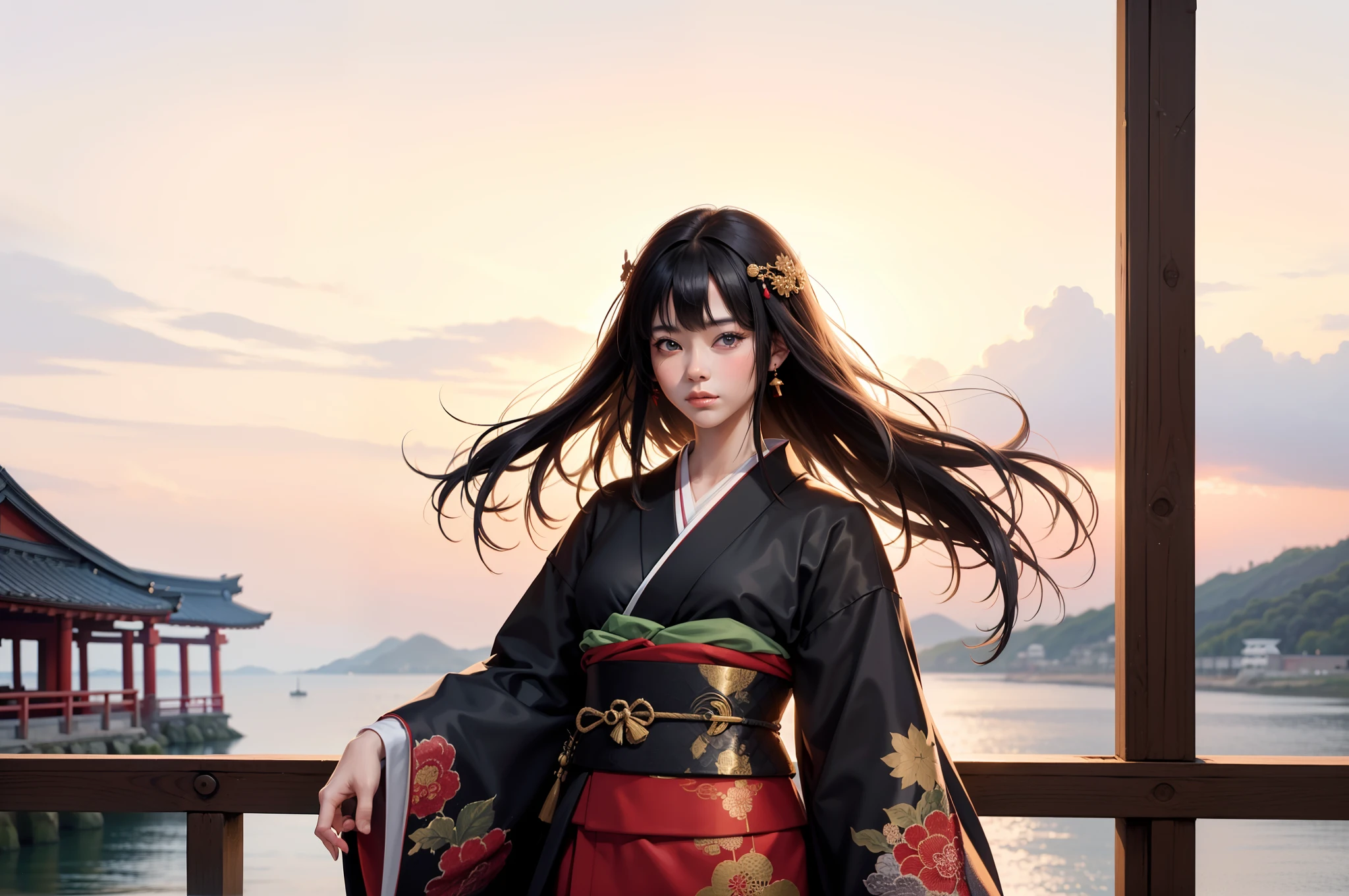 masutepiece, Super Detail, High quality, awardwinning, 8K, Photorealistic, girl, Solo, Black hair, Long hair, Wearing a kimono, Detailed face, close up, Portrait Style, Bridge to the island, The bridge is red, in Japan, In the medieval era, Japan Traditional, wood texture