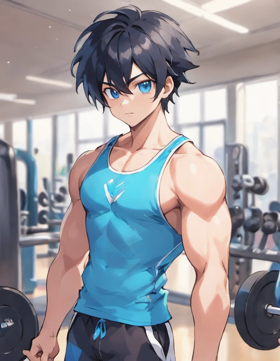 Black hair, blue eyes, 1boy, muscular male, young style, Tank top, shorts, gym room