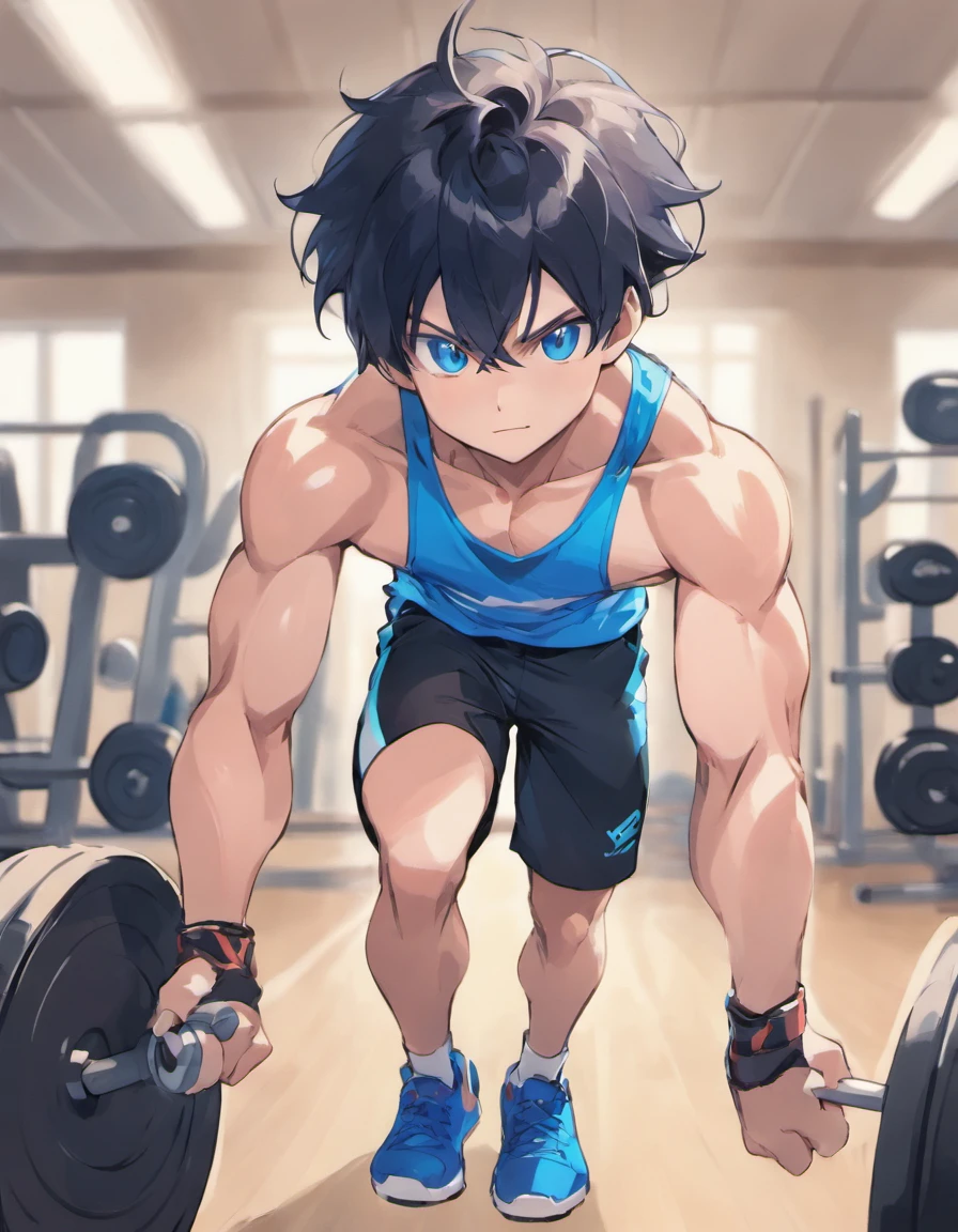Black hair, blue eyes, 1boy, muscular male, young style, Tank top, shorts, gym room