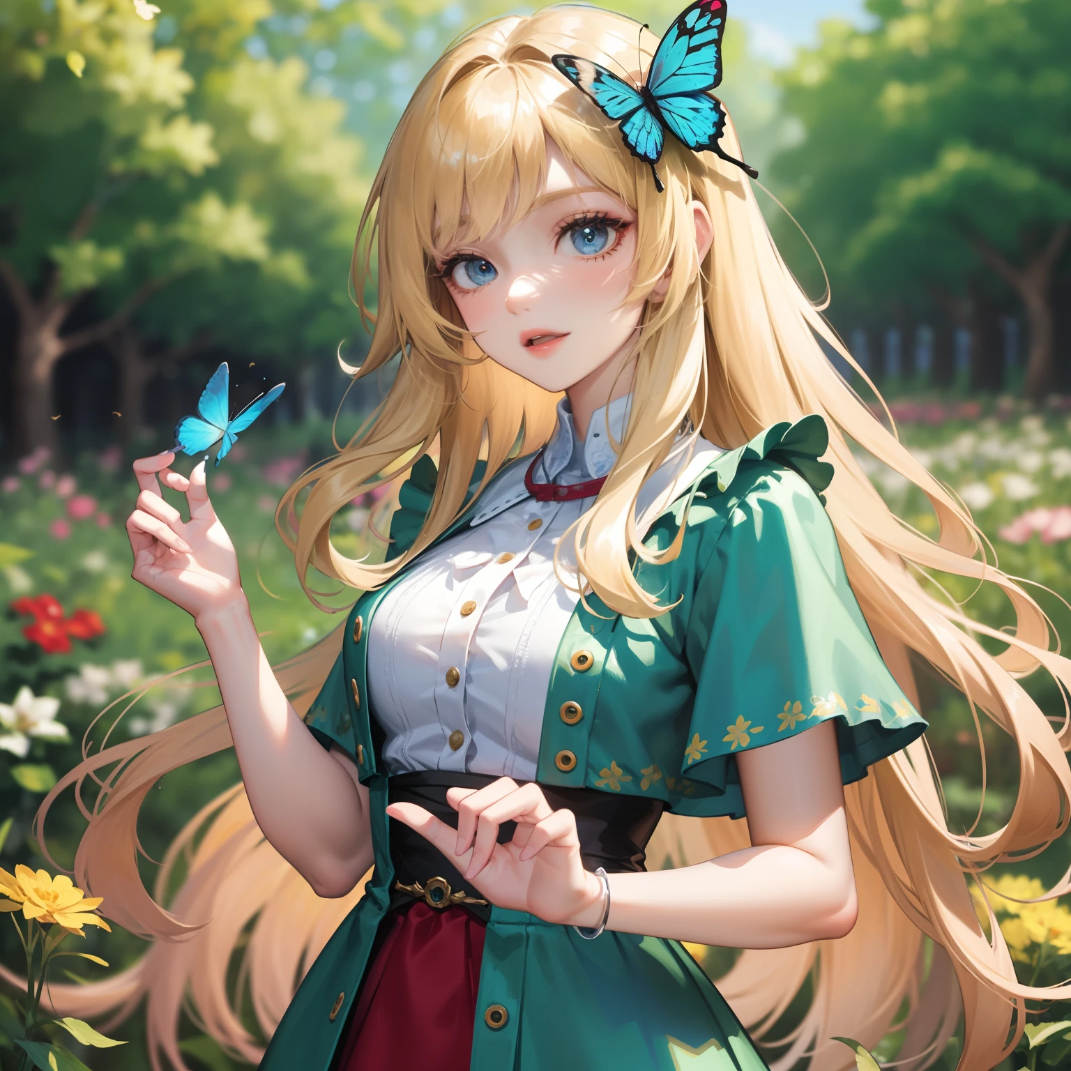 long hair, blonde hair, blue eyes, cute, pretty outfit, floral scenery, field, garden, butterfly, 1 woman, female, feminine