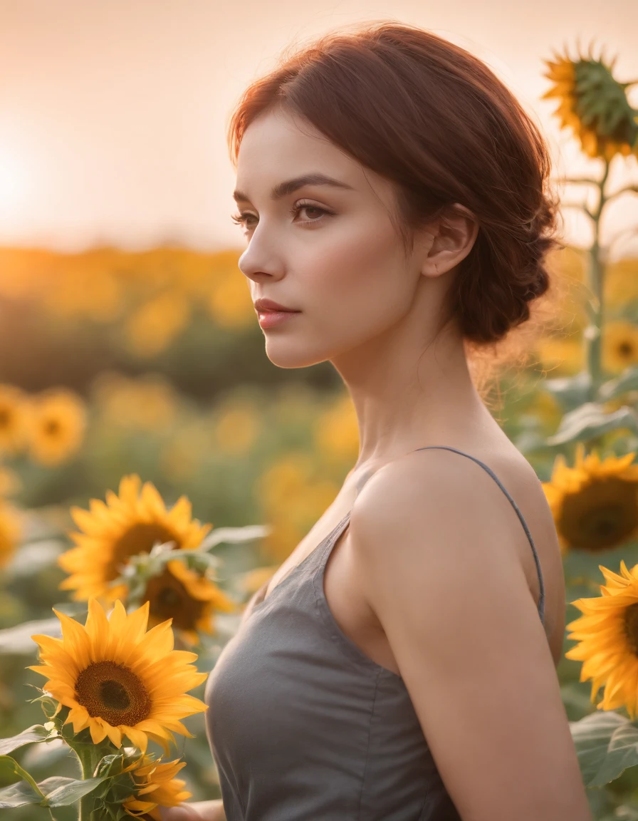 Best quality,masterpiece,ultra high res,photorealistic,raw photo,unity 8k wallpaper, panorama, cinematic lighting, on Sunflower garden, sunset, dappled sunlight, golden hour lighting, backlighting, blurry background, (lens flare), wind, pastel colors, soft light, 1girl,floating short hair, sad,upper body