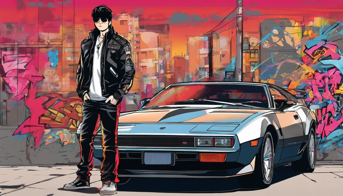 akira, teenage boy, cool, wearing sunglasses, retrowave, standing infront of a sportscar parked diagonally to his character, hands in pocket, wearing leather black jacket with red stripes, has one hand in pocket, black hair, gray monotone background with crytals