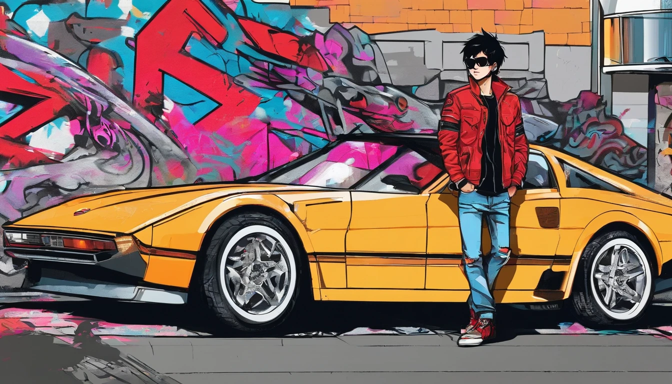 akira, teenage boy, cool, wearing sunglasses, retrowave, standing infront of a sportscar parked diagonally to his character, hands in pocket, wearing leather black jacket with red stripes, has one hand in pocket, black hair, gray monotone background with crytals
