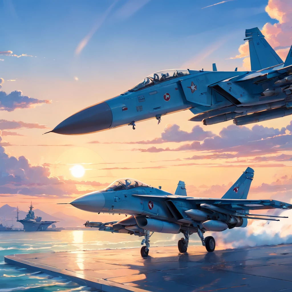 8K, best quality, masterpiece, scenery, sea, action, panoramic view, f15 tomcat plane , mig 28, dogfight, topgun, aircraft carrier in background,Blue sky, sunset,