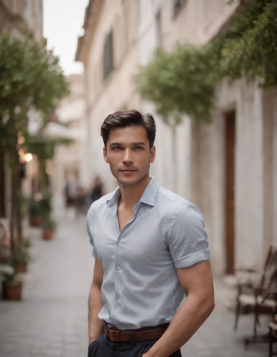 ((man)) wearing short shirt, long pants , medium shot,Leisure, street.((upper body))