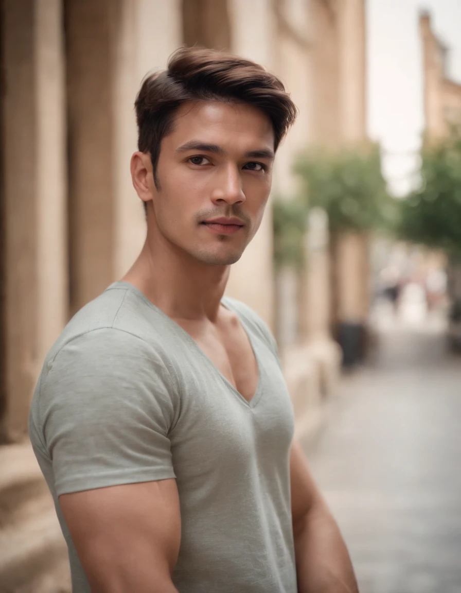 ((man)) wearing short shirt, long pants , medium shot,Leisure, street.((upper body))