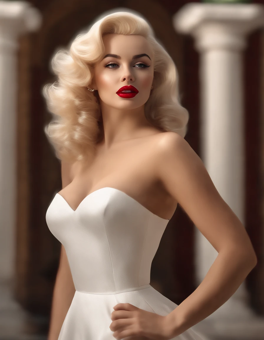 (professional 3d render:1.3) af (Realistic:1.3) most beautiful artwork photo in the world， Classic Hollywood glamour, white american blond girl, full body, from back,(young Marilyn Monroe Style), curvy_figure, standing_up, (masterpiece, best quality:1.4), (beautiful, aesthetic, perfect, delicate, intricate:1.2), (cute, adorable, smile), cinematic shot, natural lighting, (1girl, solo), white girl, , (intense red lips), (white woman, low tanned skin), black very hairy (perfect female form, perfect face, thick lips, glossy lips, parted lips, eyeliner), (blonde platinum not too much long hair), (great eyes) (big natural breasts, narrow waists), (small mole on the left cheek near the mouth) background of many roses petails, looking_at_viewer, Marilyn Monroe, captivating eyes, medium shot