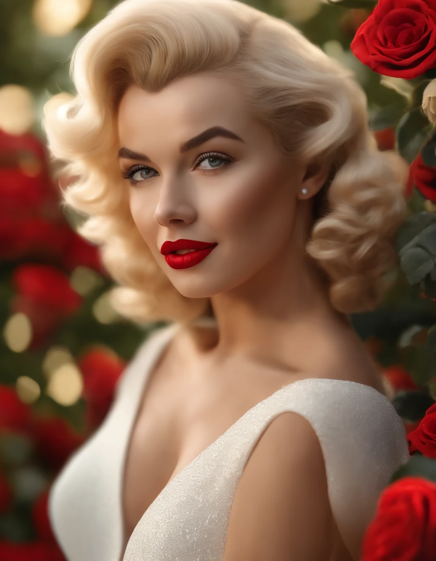 (professional 3d render:1.3) af (Realistic:1.3) most beautiful artwork photo in the world， Classic Hollywood glamour, white american blond girl, full body, from back,(young Marilyn Monroe Style), curvy_figure, standing_up, (masterpiece, best quality:1.4), (beautiful, aesthetic, perfect, delicate, intricate:1.2), (cute, adorable, smile), cinematic shot, natural lighting, (1girl, solo), white girl, , (intense red lips), (white woman, low tanned skin), black very hairy (perfect female form, perfect face, thick lips, glossy lips, parted lips, eyeliner), (blonde platinum not too much long hair), (great eyes) (big natural breasts, narrow waists), (small mole on the left cheek near the mouth) background of many roses petails, looking_at_viewer, Marilyn Monroe, captivating eyes, medium shot