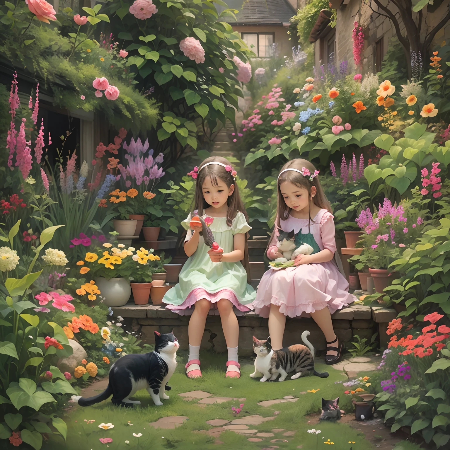 girls and cats, trpical garden.