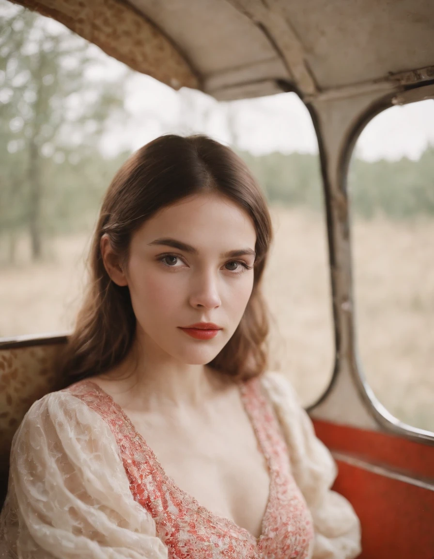 analog photography, ((upper body)), grain film, vintage photo, portra 400, flash, in the style of lo-fi aesthetics, a girl in near a camping trailer, light beige and red,