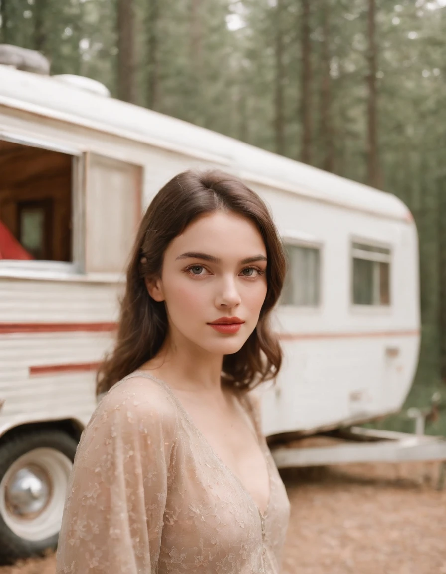 analog photography, ((upper body)), grain film, vintage photo, portra 400, flash, in the style of lo-fi aesthetics, a girl in near a camping trailer, light beige and red,