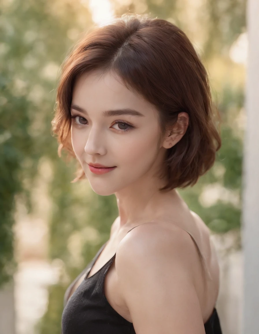 (RAW, analogue, Nikon Z 14mm ultra-wide angle lens, award-winning glamour photograph, ((best quality)), ((masterpiece)), ((realistic)), skin pores, subsurface scattering, radiant light rays, high-res, detailed facial features, high detail, sharp focus, smooth, aesthetic, extremely detailed, (masterpiece:1.2, best quality1:1, ultra-detailed:1.2, best shadow, 8k:1.1), (massive city:1.3, rooftop:1.1, city structures below, handrails), (contrasting background, bright background), (beautiful detailed face), high contrast, (perfect illumination:1.2, beautiful color, delicate color), ((cinematic light)), colorful, hyper detail, dramatic light, intricate details, (1 girl, solo, brown hair, smiling face, Youth，cute，short hair, wavy hair:1.1,beautiful eyes, dynamic angle, white tanktop, arms down), depth of field