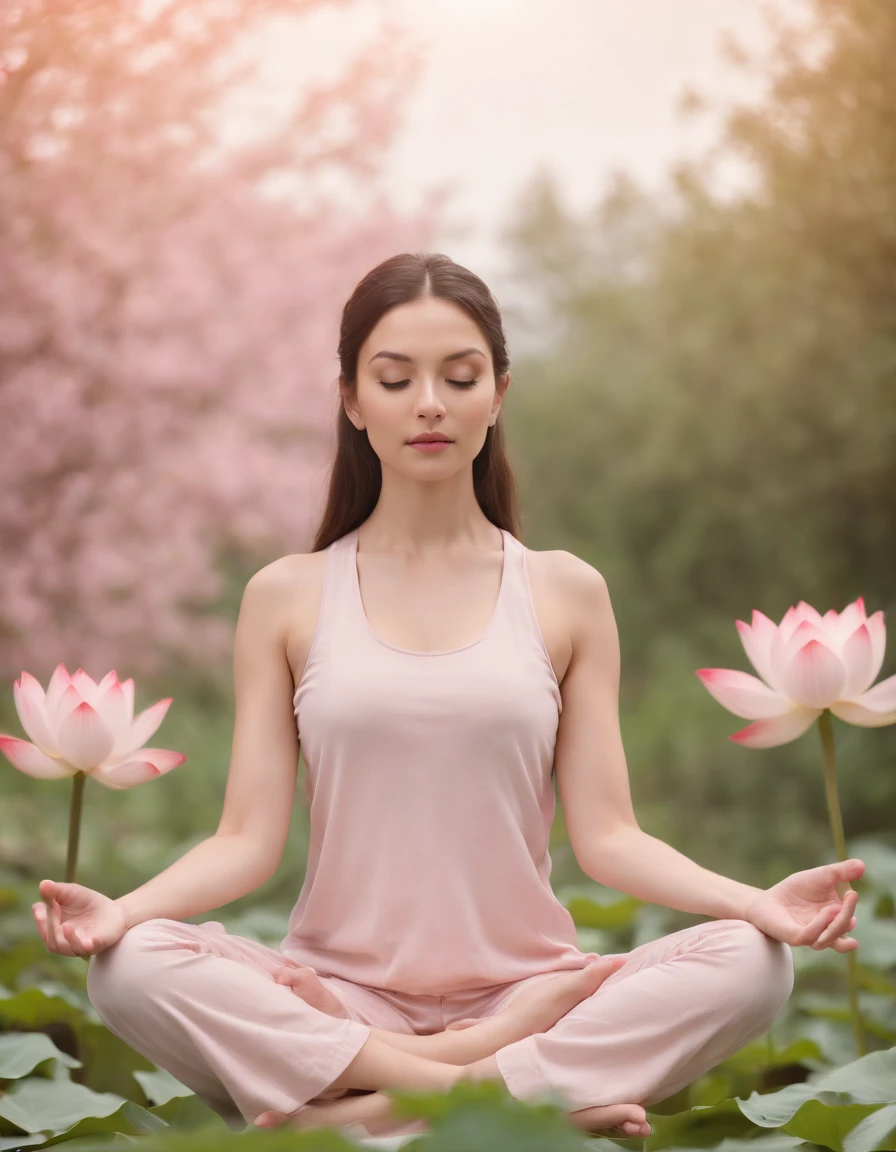 woman in lotus flower pose meditating, surreal setting, pale pink colors, high quality photography, (medium long shot)