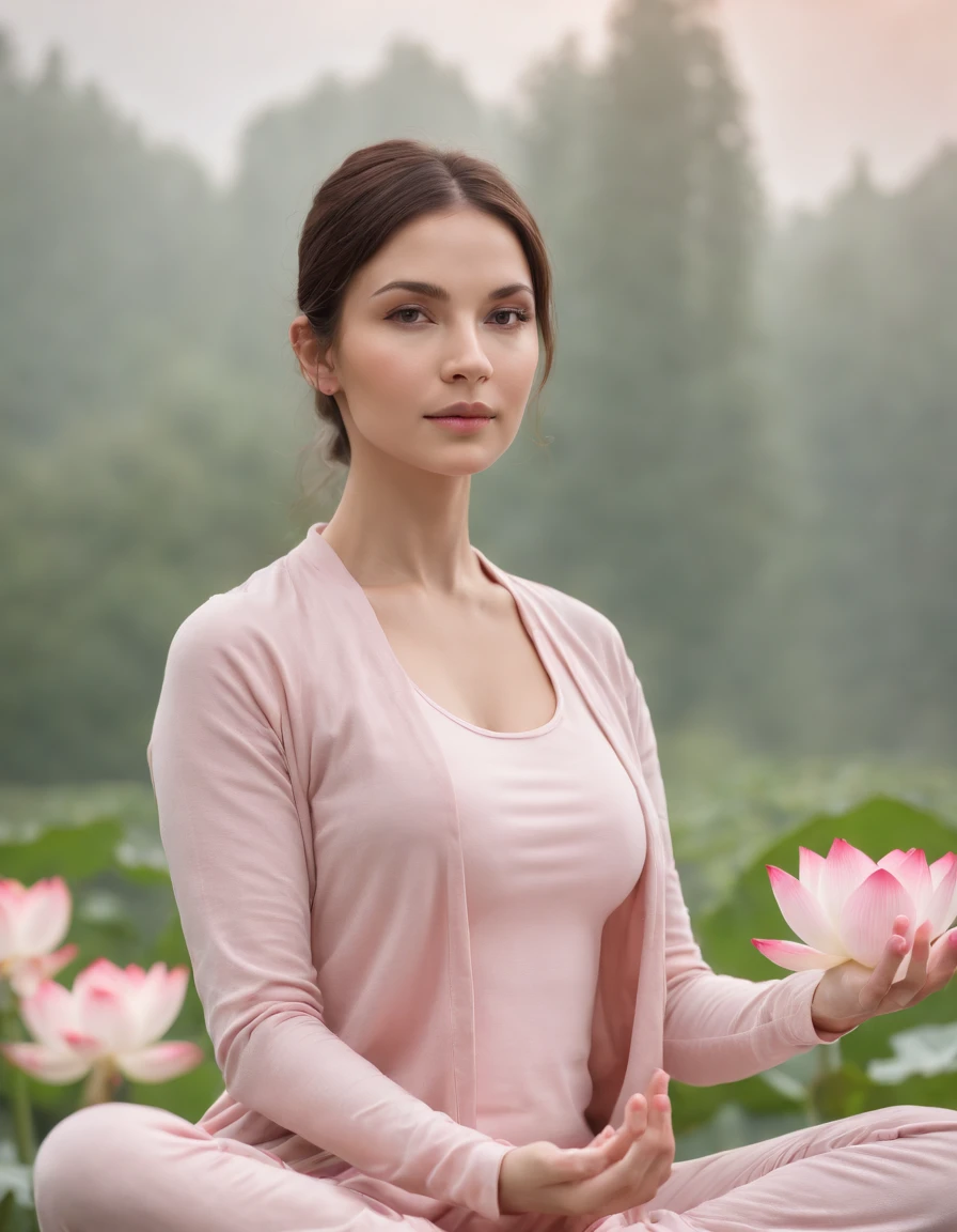 woman in lotus flower pose meditating, surreal setting, pale pink colors, high quality photography, (medium long shot)