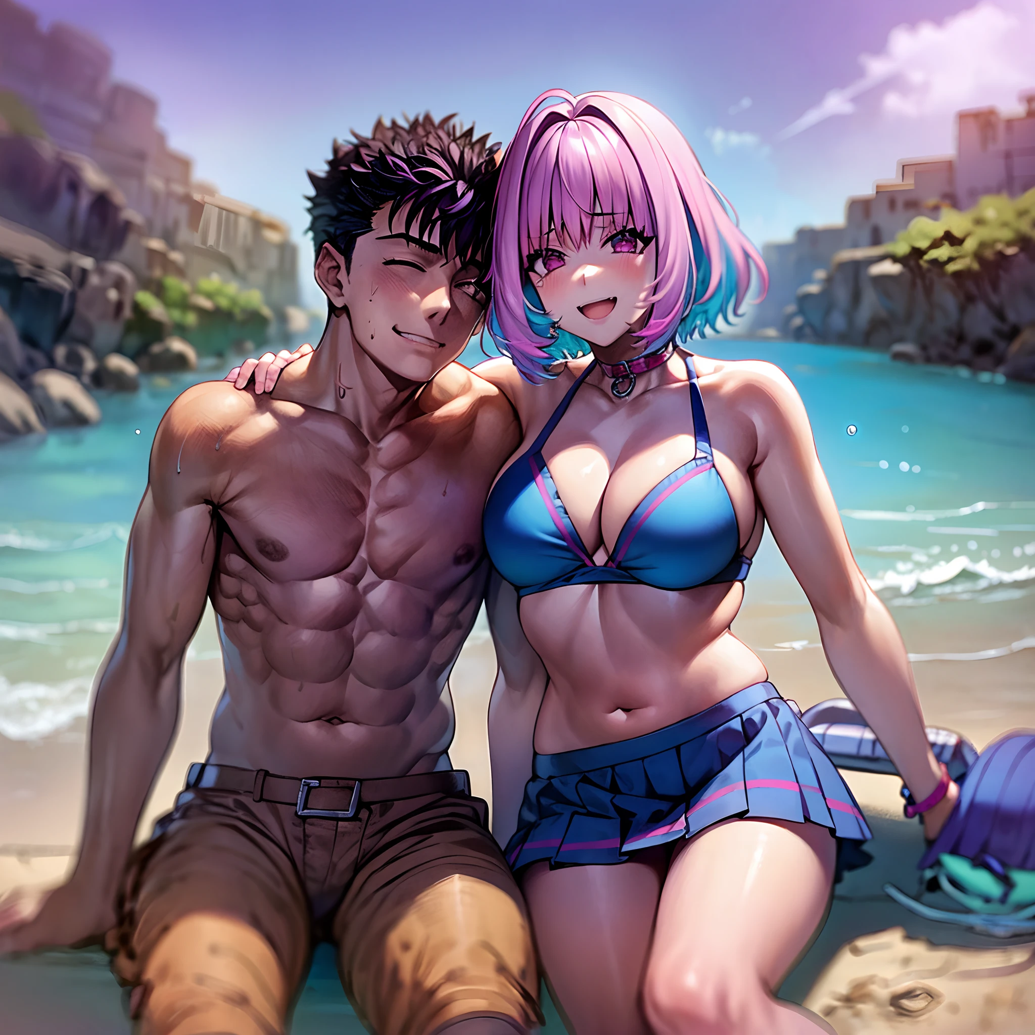 masterpiece, best quality, 1girl, riamu, blue shirt, pleated skirt, solo, simple background, bikini, beach, riamu and guts, husband and wife, couple happy in a beach, , purple hair,1boy, sitting in couple, affection, love,relationship, lovey dovey, happy, , smile
