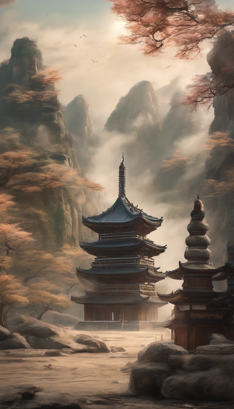 Quaint Han Dynasty style temple，（There was an ancient Chinese monk who sat and meditated（closeup cleavage）），（Meditate），zazen，age-old tree，falling leaf，（Chinese landscape painting style），（Pastel ink painting），（8k wallpaper），（light and shadow effect），rendering by octane，White balance design，Extremely detailed picture depiction，wide angles，depth of fields，tmasterpiece，realisticlying，Beautifully depicted，A detailed，acurate，Works of masters，tmasterpiece