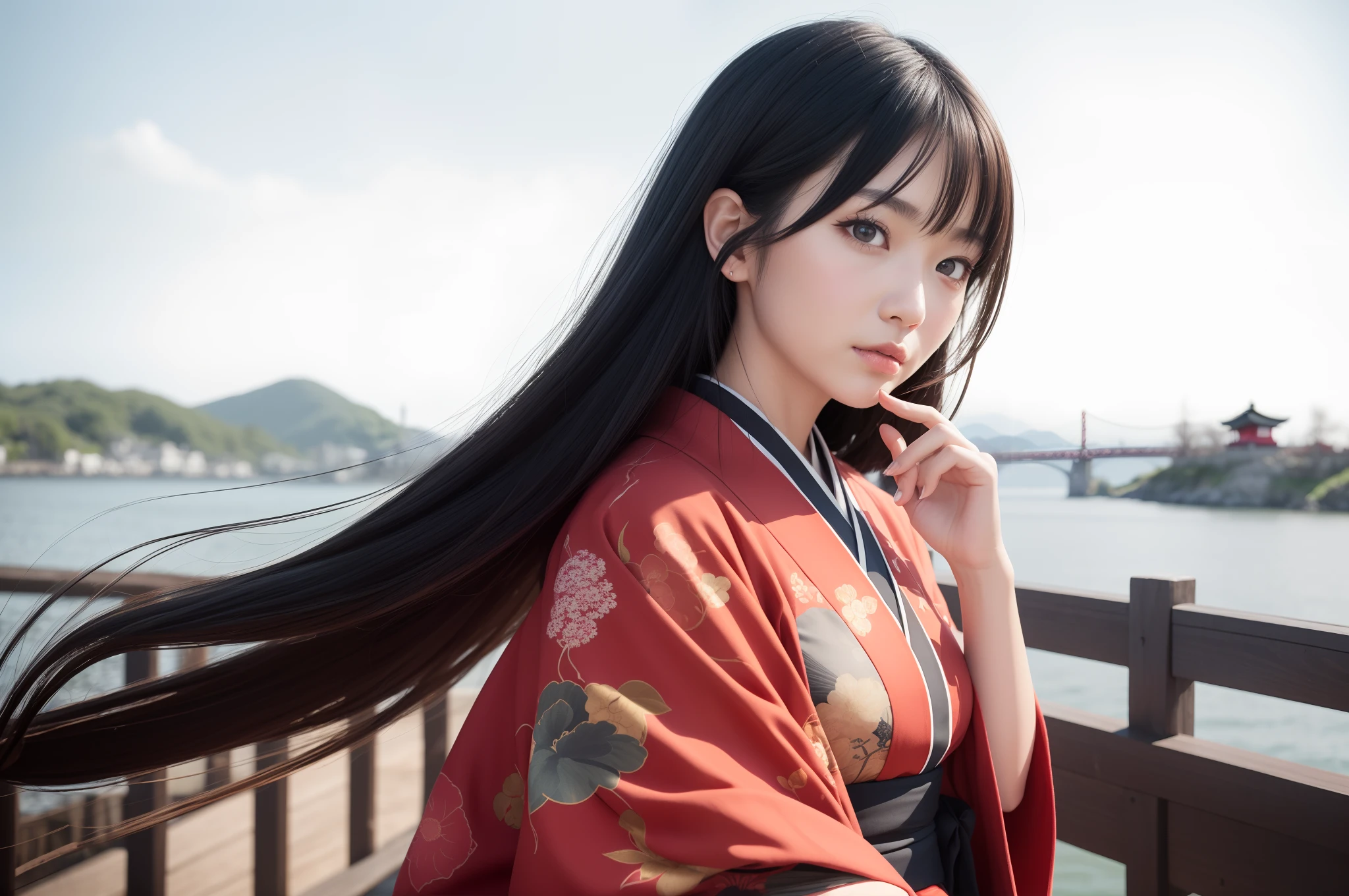 masutepiece, Super Detail, High quality, awardwinning, 8K, Photorealistic, girl, Solo, Black hair, Long hair, Wearing a kimono, Detailed face, close up, Portrait Style, Bridge to the island, The bridge is red, in Japan, In the medieval era, Japan Traditional, wood texture