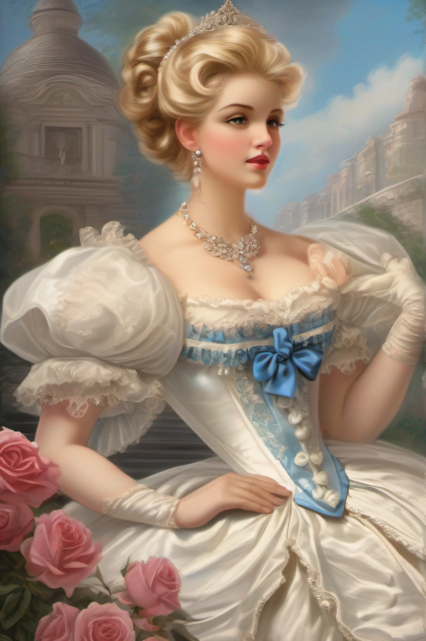 Victorian fairytale art, A stunningly beautiful blonde blue eyed well-dressed Princess with elaborately curled and styled hair, wearing a Stately and (((Elaborate))) Royal Cinderella Ballgown with (((enormous puffed sleeves))) a stiffly boned and corseted bodice, an hourglass waist, a (((huge crinoline hoopskirt))) and (((bustle))), adorned with ribbons, bows, roses, lace, ruffles, frills, embroidery, and jewels, long white gloves, pearl necklace and earrings