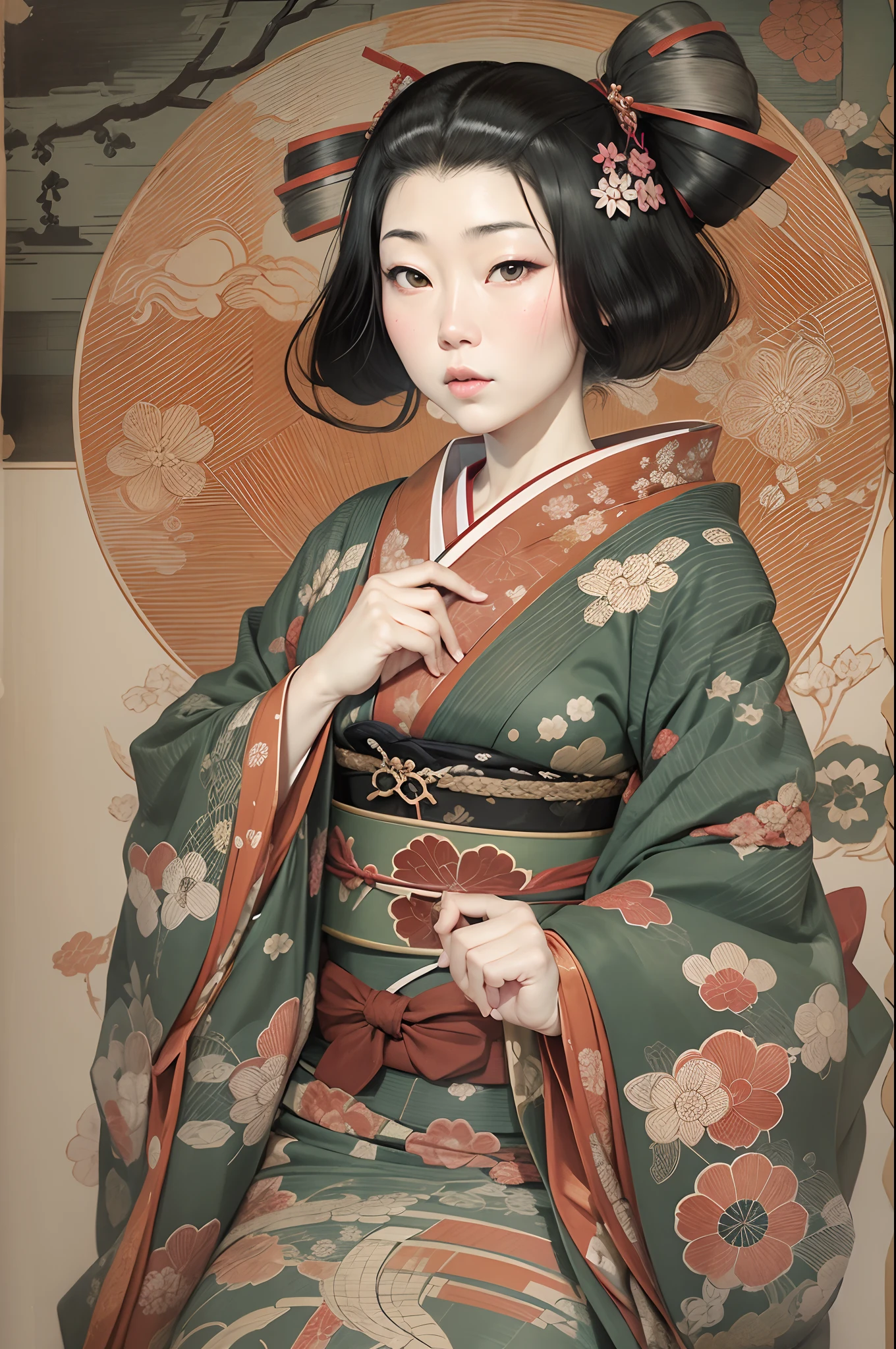 ((nsfw)),Sharaku,Portrait of a woman,it is centered in the middle of the image, some Japanese effects and embellishments scattered throughout the photo