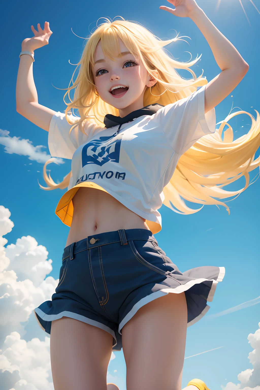 a girl, yellow blonde hair, highup hands, jumping, full of energy, motivate, blue sky, white cloud, happy