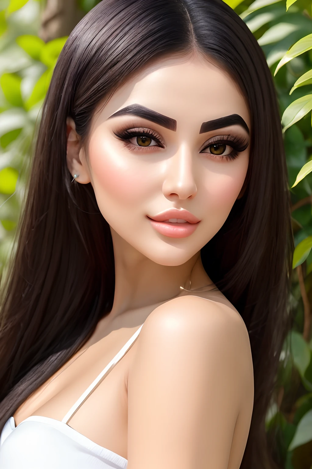 (best quality:1.2,ultra-detailed,photorealistic),beautiful Persian girl,long black hair,thick and well-groomed eyebrows,cute and symmetrical face with rosy cheeks,expressive and detailed eyes,full and healthy pink lips,flawless and radiant porcelain-like white skin,inshape and toned body dressed in stylish gym clothes. The girl stands confidently with a slight smile, emanating a sense of grace and elegance. The background features a lush garden with vibrant flowers, tall green trees, and a clear blue sky. The sunlight filters through the leaves, casting soft, warm shadows on the ground. The colors in the image are vibrant and saturated with a slight warm tone, enhancing the girl's beauty and radiance. The lighting is natural and soft, highlighting the girl's features and giving a sense of tranquility to the scene. The overall atmosphere of the image is serene and enchanting, capturing the beauty and allure of the Persian girl.