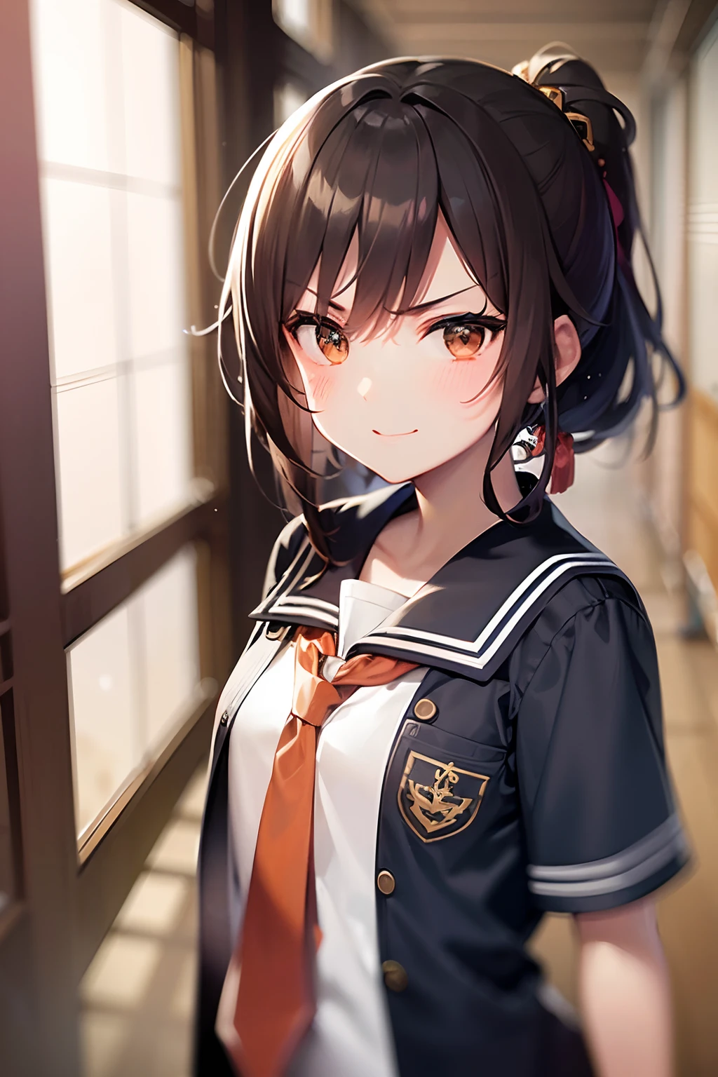 ((In Kyoto Animation Style)), super precision, masterpiece, very extremely beautiful, Princess Face, Boyish girl, shorth hair, Straight hair, Dark hair, Short ponytail, Black eyes, Smaller chest, sailor shirt, orange necktie, cowboy shot, dynamicposes, Schools, passage, With smiling eyes, leaning, during daytime, blush, angry, 20yr old,