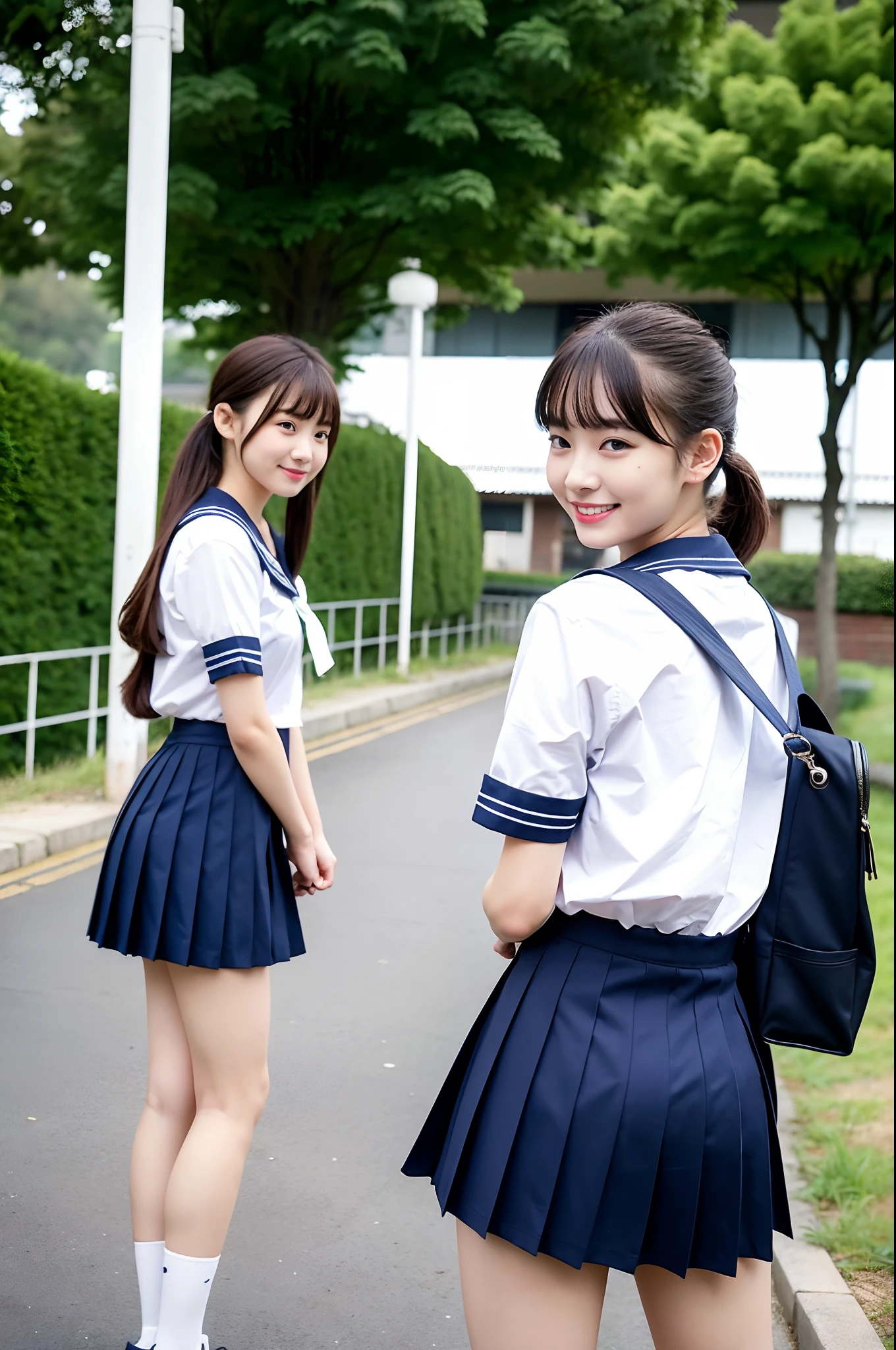 Girl on the platform of a rural station,White Sailor School Shirt,Navy blue high waist pleated skirt,Bow with a thin dark red ribbon on the hair,School bag,18year old,Bangs,A little smile,Knees,short cut hair,Low ponytail,From below