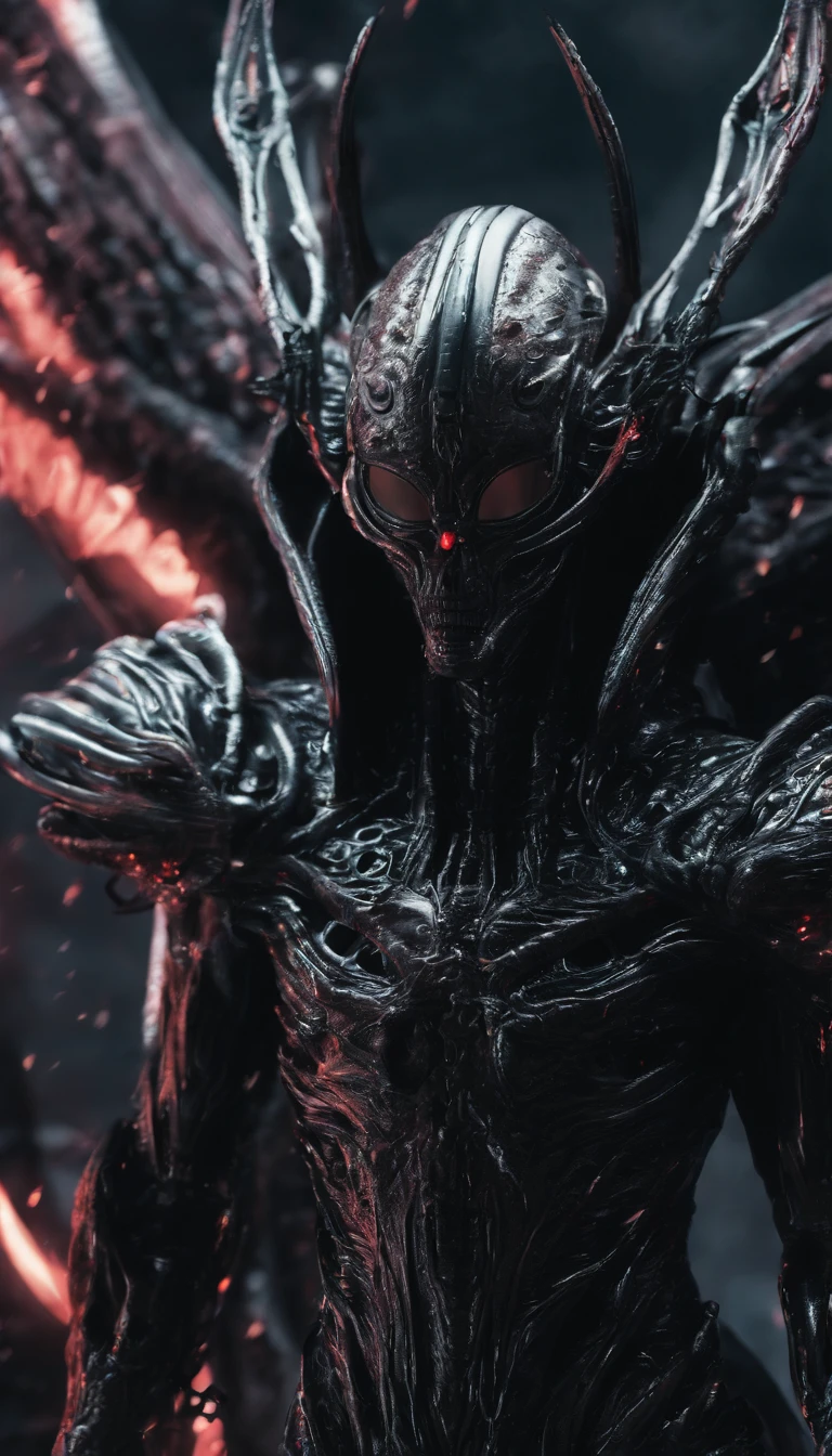 Realistic, 4K, Angels with big wings, Black clothes, one sword, Hood in war background image (chaos)
