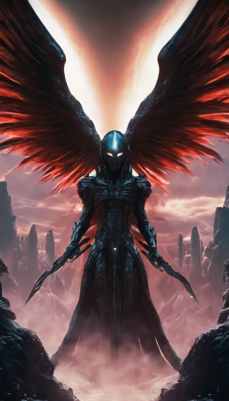 Realistic, 4K, Angels with big wings, Black clothes, one sword, Hood in war background image (chaos)