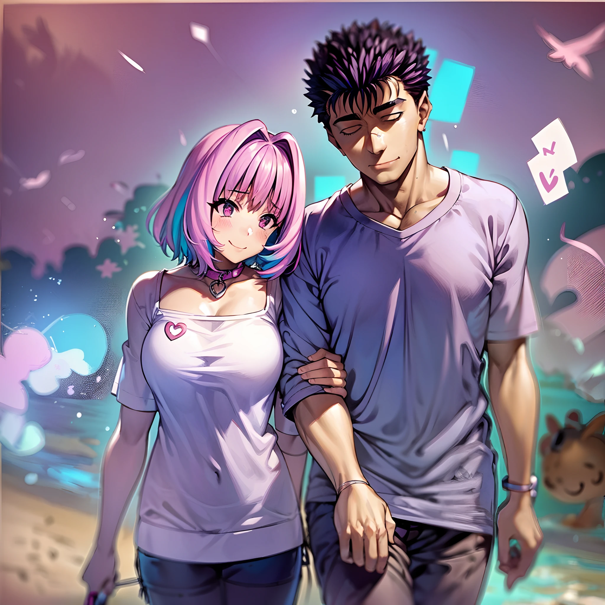 YumemiRiamu, 1girl, yumemi_riamu, naked_shirt, Skeleton_print:,guts from berserk, guts and riamu being a lovey dovey couple very affective in a beach, guts with pants and pullover