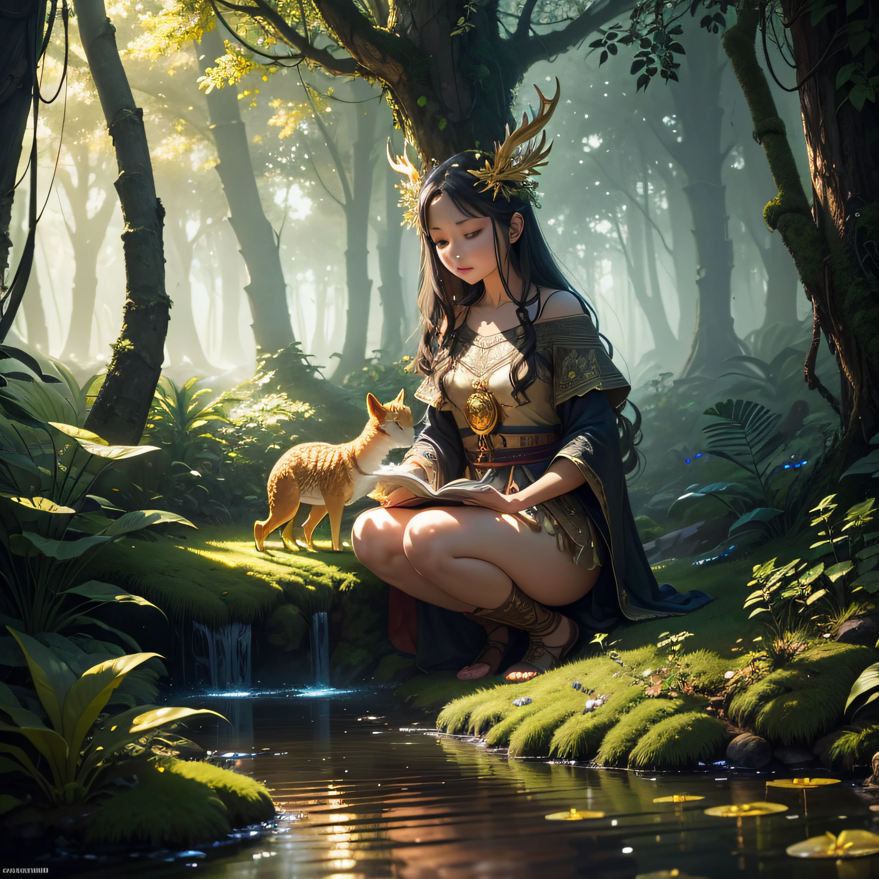 a glowing golden dear near a lake , forest background, fireflies, highly detailed, Digital illustration, detailed and intricate, of a dense jungle filled with exotic plants and animals, the sunlight filtering through the canopy creating a dappled effect. In the style of Yoshitaka Amano and Hayao Miyazaki, masterpiece, proportional, detailed, trending on artstation, beautiful lighting, realistic, intricate, award winning, 4k, highest quality