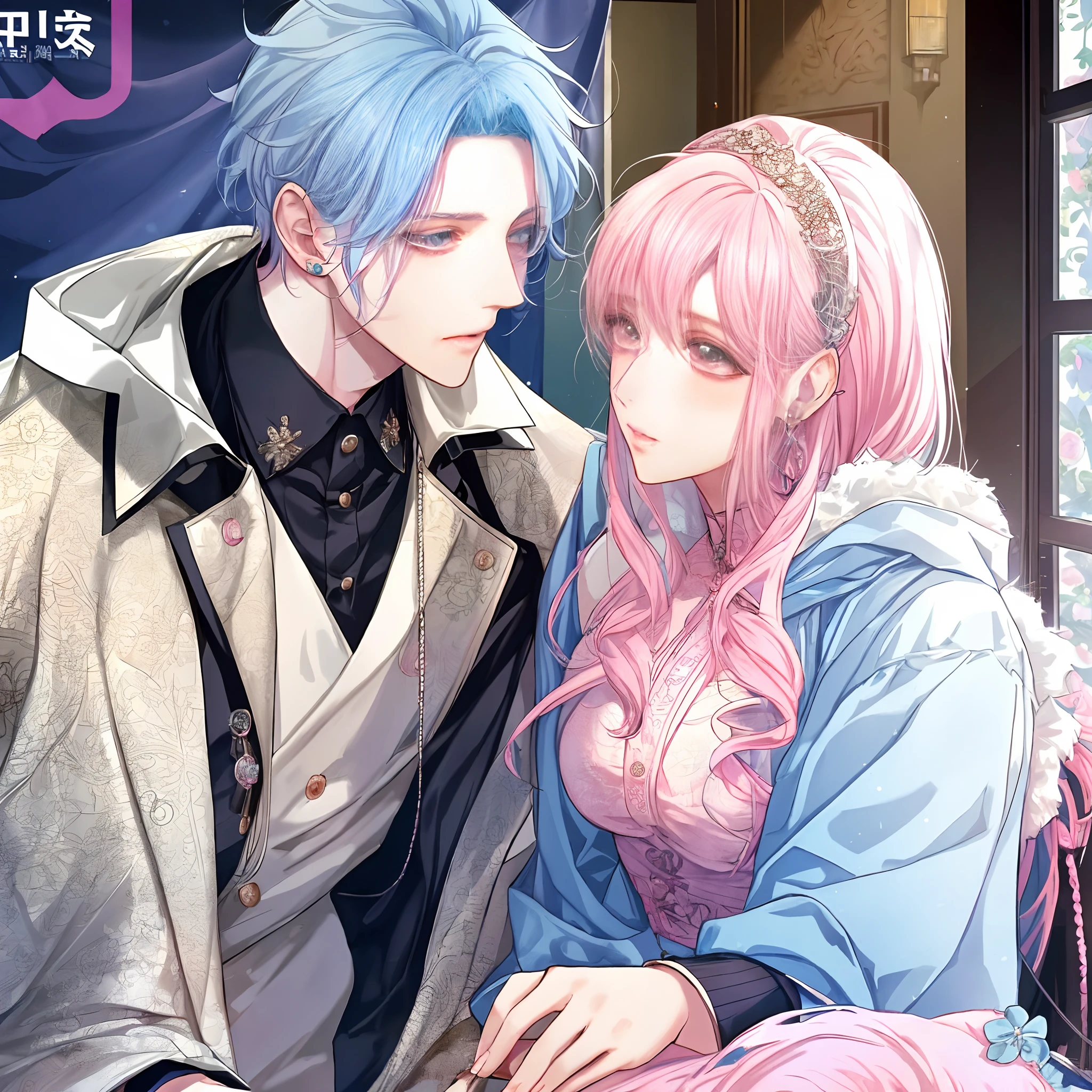 ((Male and female couples)), window, Idol Photos, Magazine covers, Photos of actors, Professional Photos, Height difference, tall male, Happiness, youthfulness, extra detailed face, detailed punk hair, very detailed character, inspired by Sim Sa-jeong, Cai Xukun's, detailed realistic faces, highly detailed realistic face, high detailed face anime, realistic detailed face, Accurate detailed face, attractive androgynous humanoid, Cool Korean fashion in black, ((With a man with light blue hair)), ((Woman with pink hair)), ((Woman with long hair below waist)), ((Man with short hair over ears)), ((Pink hair woman with gentle expression)), ((Man with light blue hair with wild expression)), high-level image quality, masterpiece, Photographed so that the whole body can be seen, Photographed to make clothes look beautiful, Take your eyes off, ((two individuals)), ((British couple))